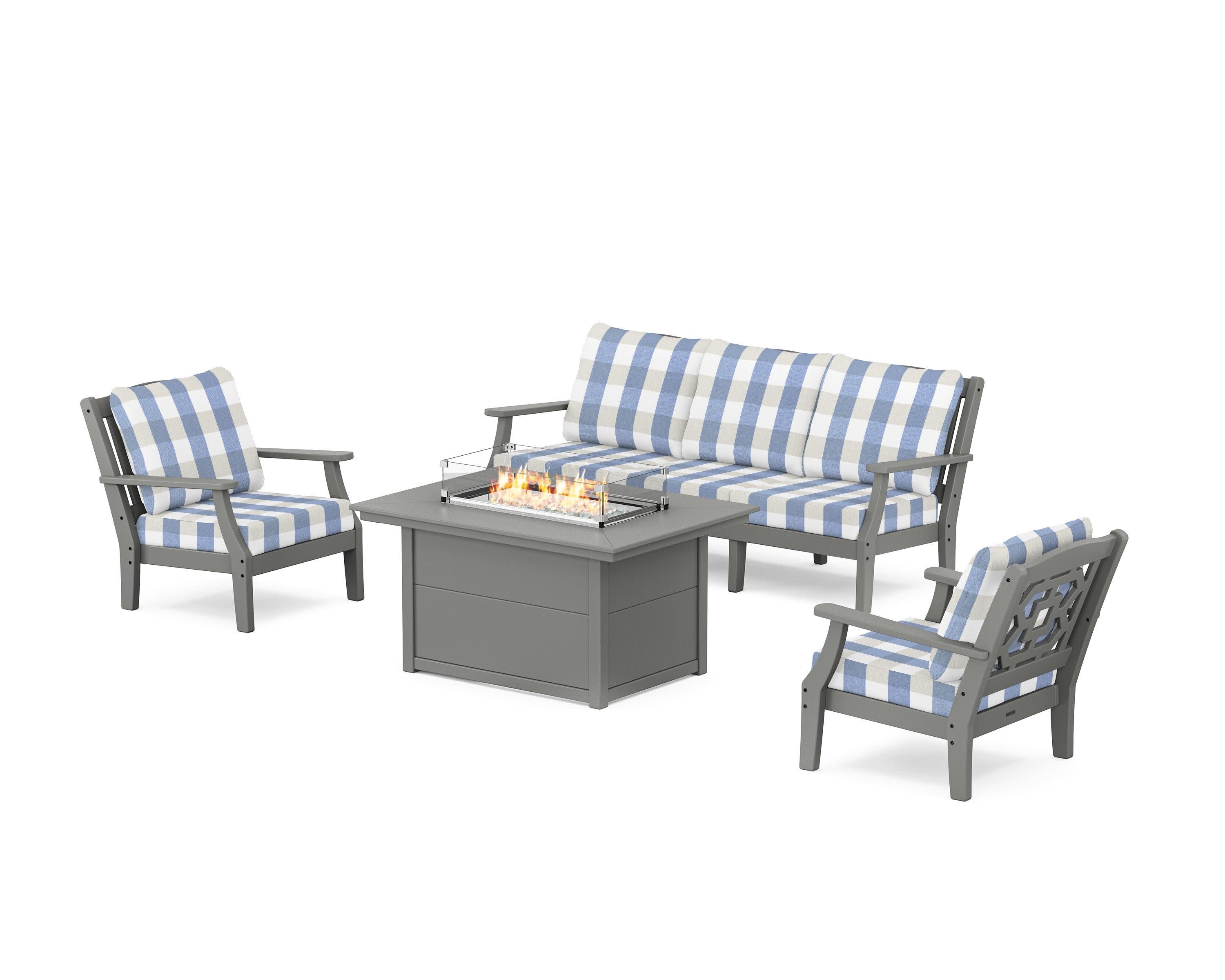 Chinoiserie Deep Seating Fire Pit Table Set in Slate Grey / Buffalo Plaid Sky Blue