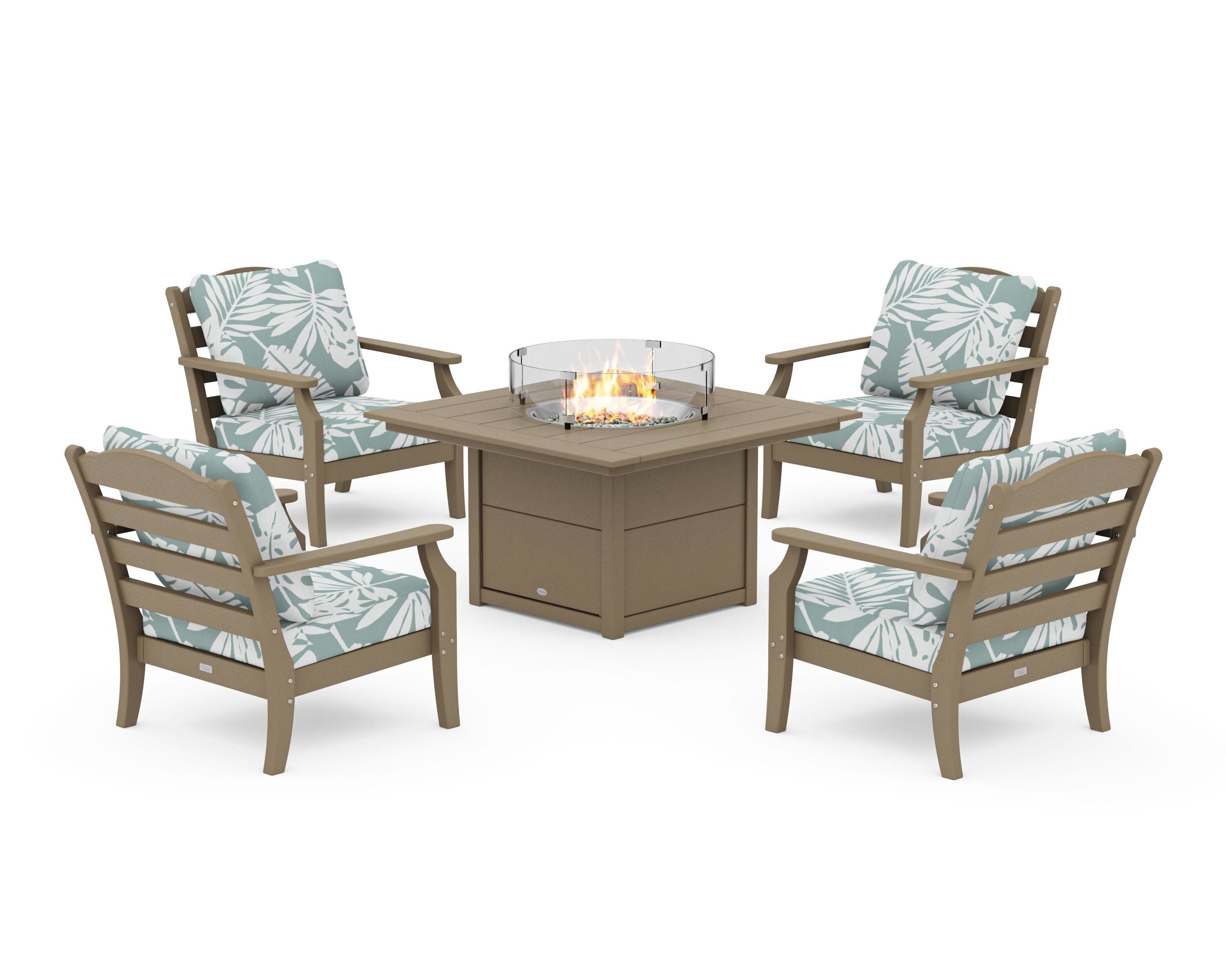 Savannah 5-Piece Deep Seating Set with Fire Pit Table in Vintage Sahara / Leaf Glacier Spa