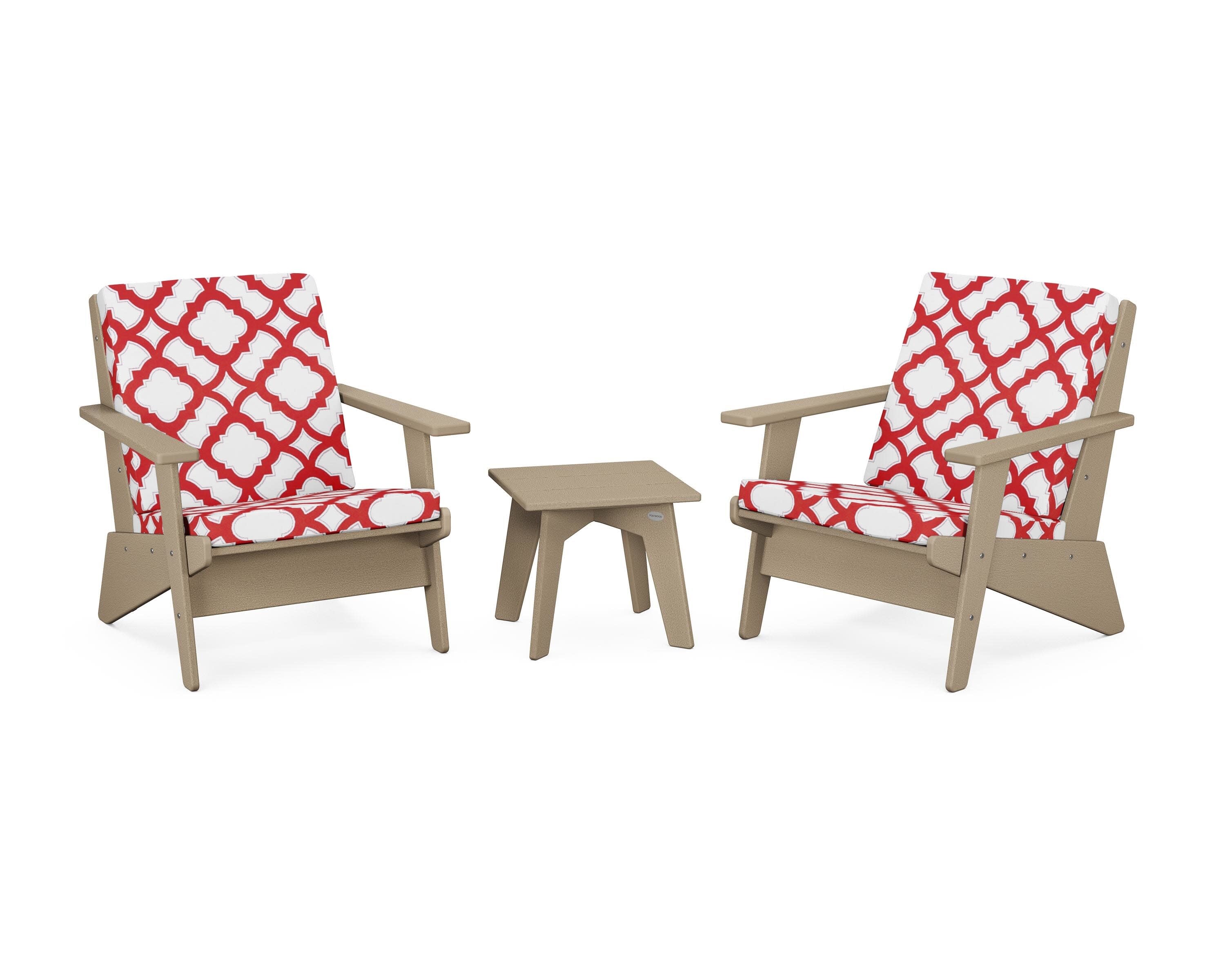 Riviera Modern Lounge 3-Piece Set in Vintage Sahara / Trellis Crimson
