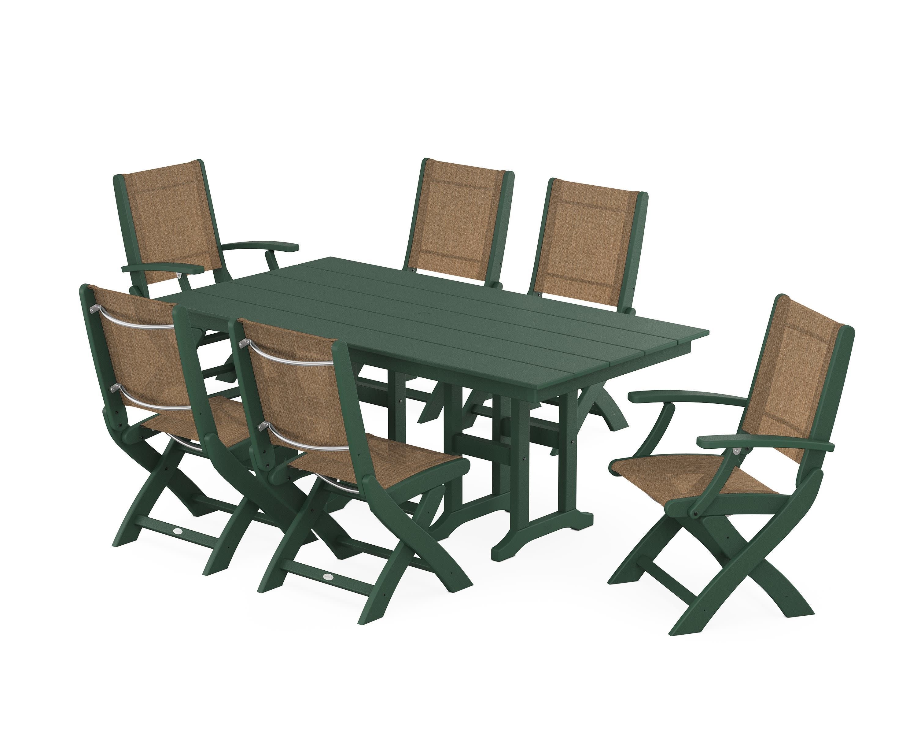 Coastal Folding Chair 7-Piece Farmhouse Dining Set in Green / Burlap Sling