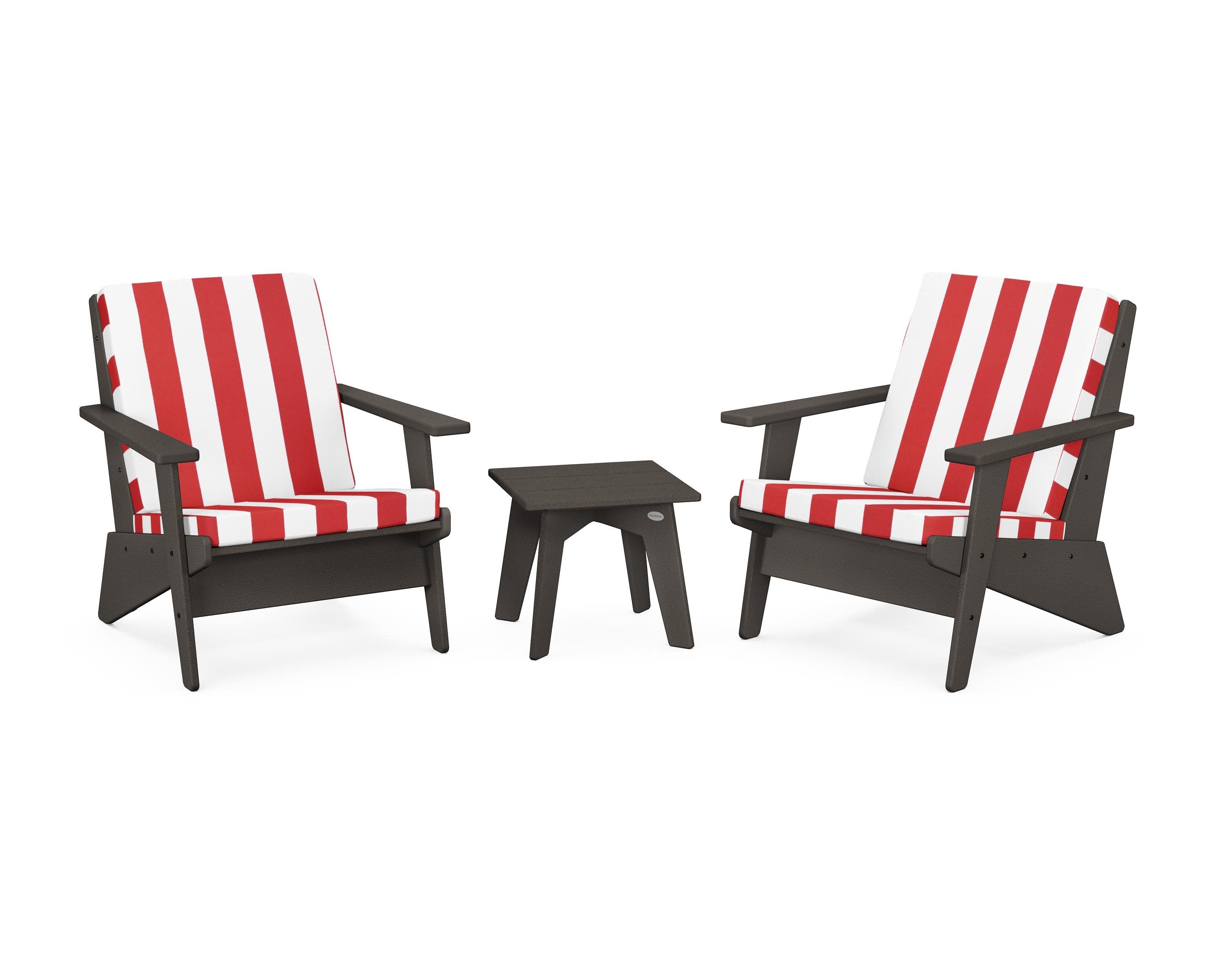 Riviera Modern Lounge 3-Piece Set in Vintage Coffee / Cabana Stripe Crimson