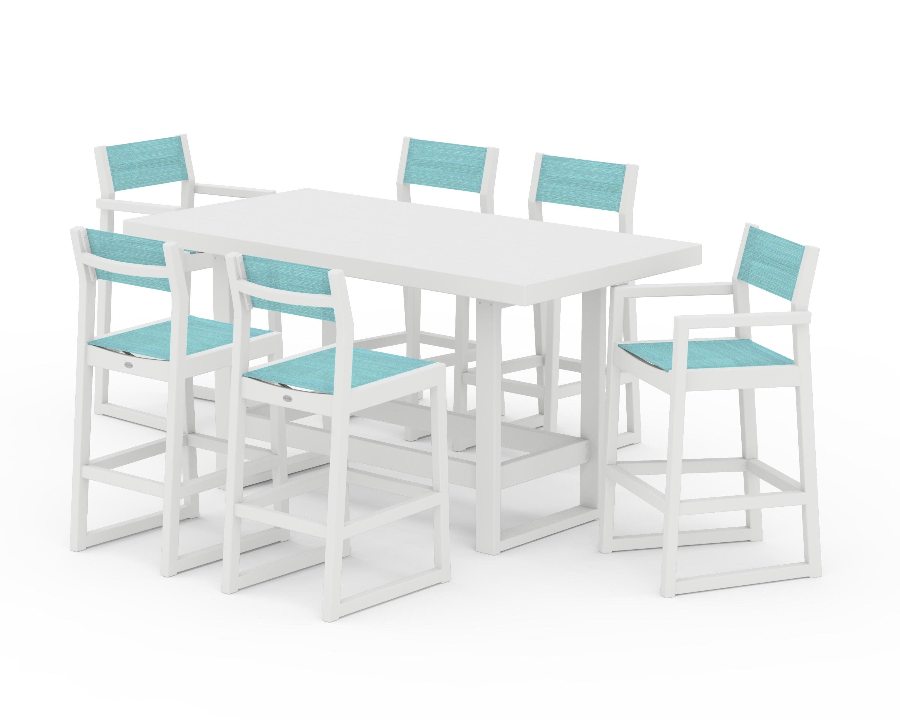 EDGE Sling 7-Piece Bar Table Set in White / Dupioni Aquamarine Sling