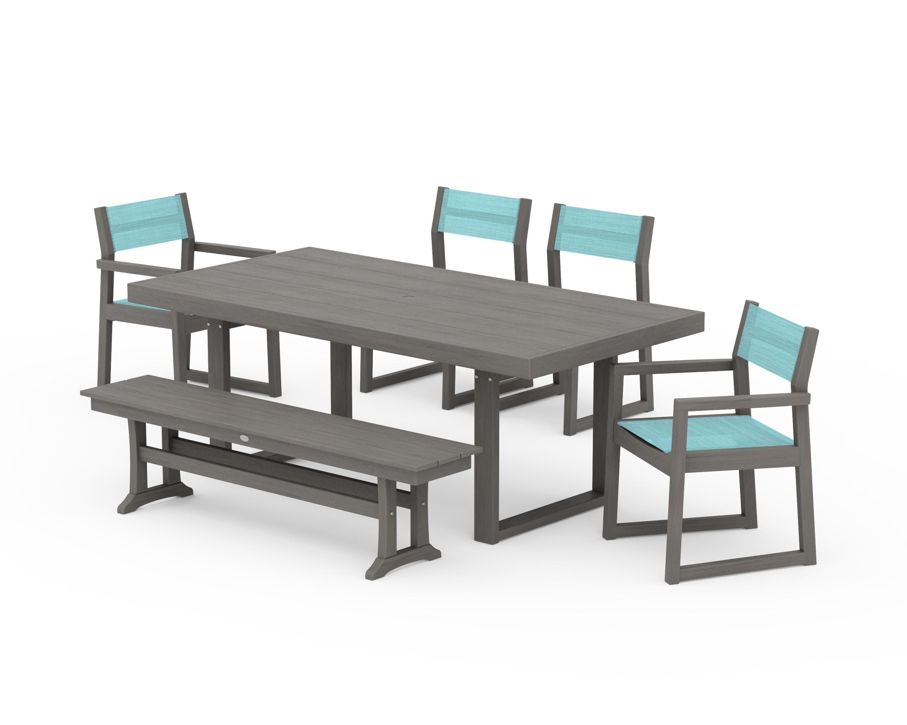 EDGE Sling 6-Piece Dining Set with Bench in Driftwood / Dupioni Aquamarine Sling