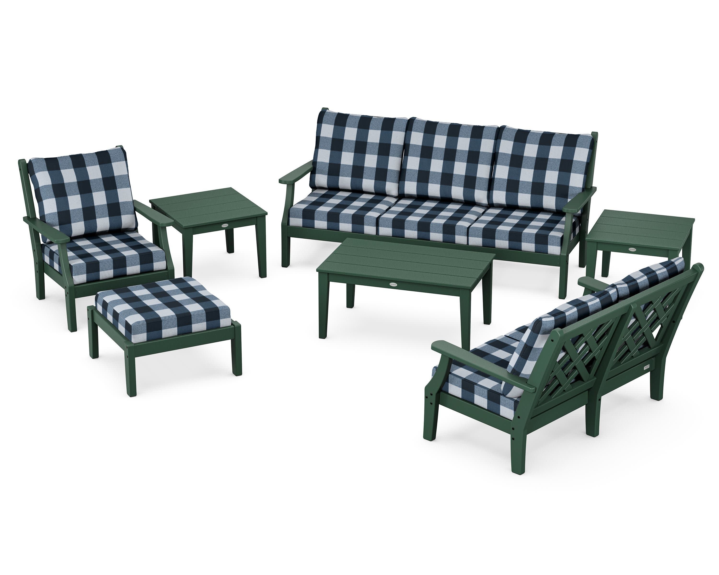 Wovendale 7-Piece Deep Seating Set in Green / Buffalo Plaid Marine Indigo