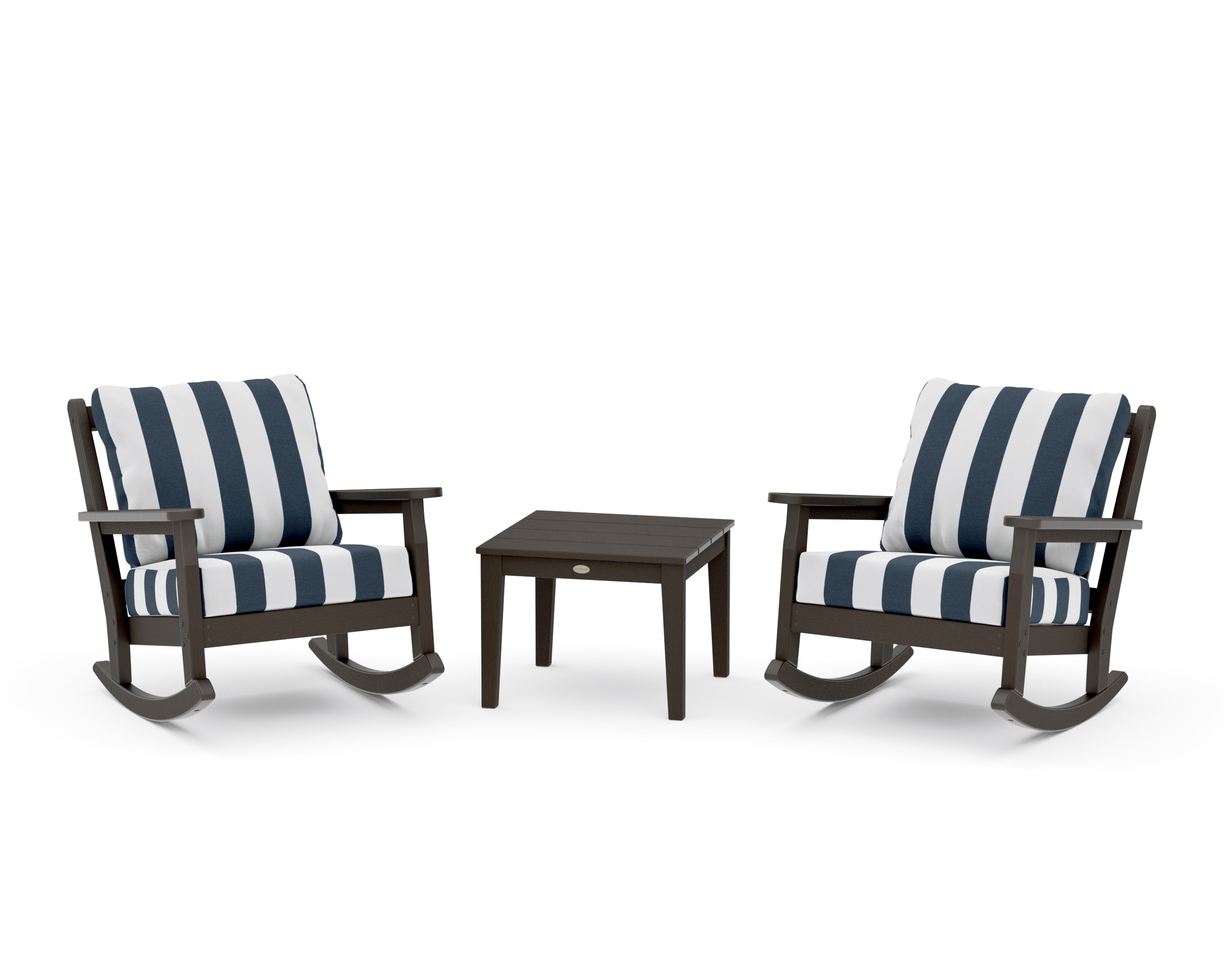 Chippendale 3-Piece Deep Seating Rocker Set in Vintage Coffee / Cabana Stripe Marine Indigo