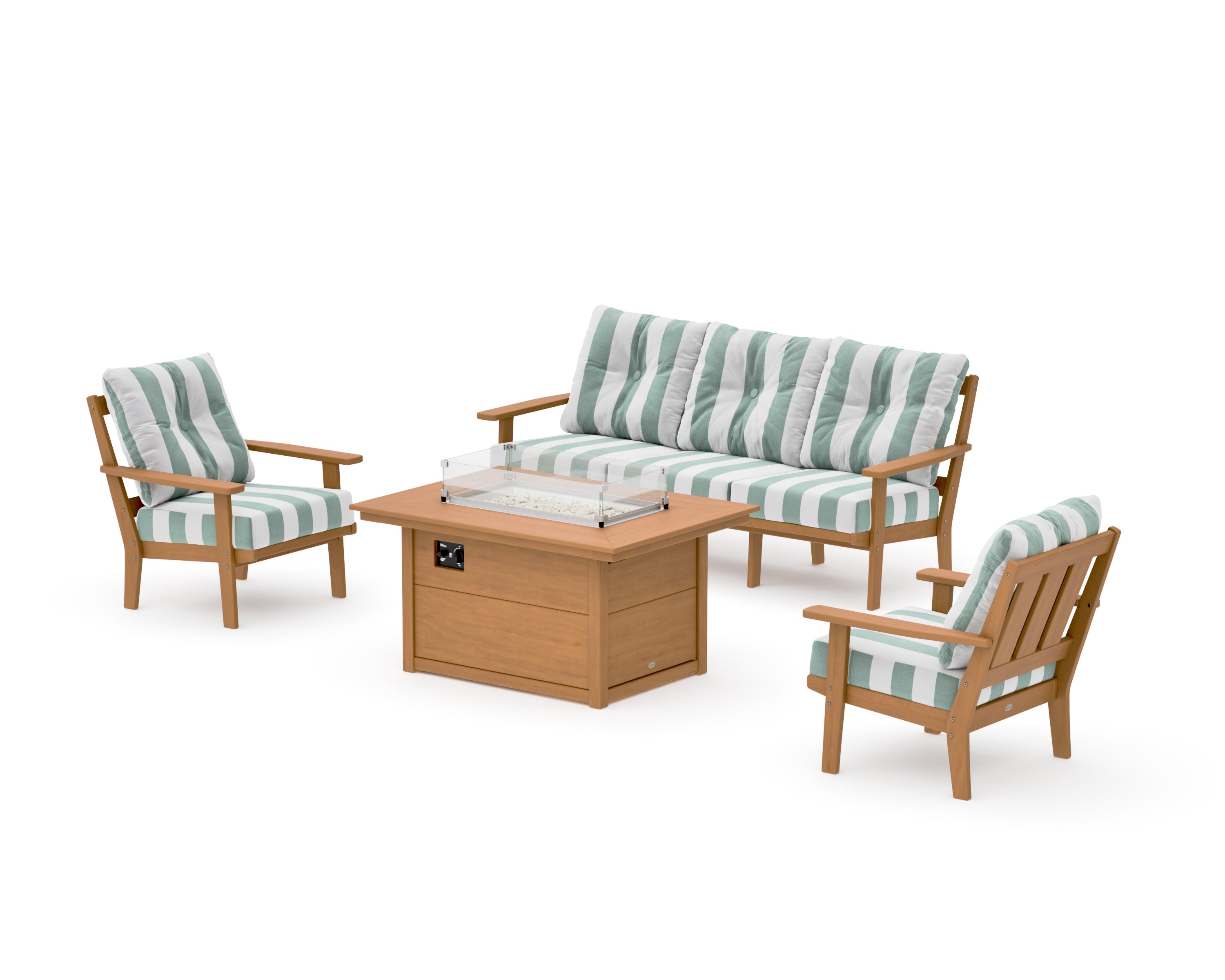 Oxford Deep Seating Fire Pit Table Set in Natural / Cabana Stripe Glacier Spa