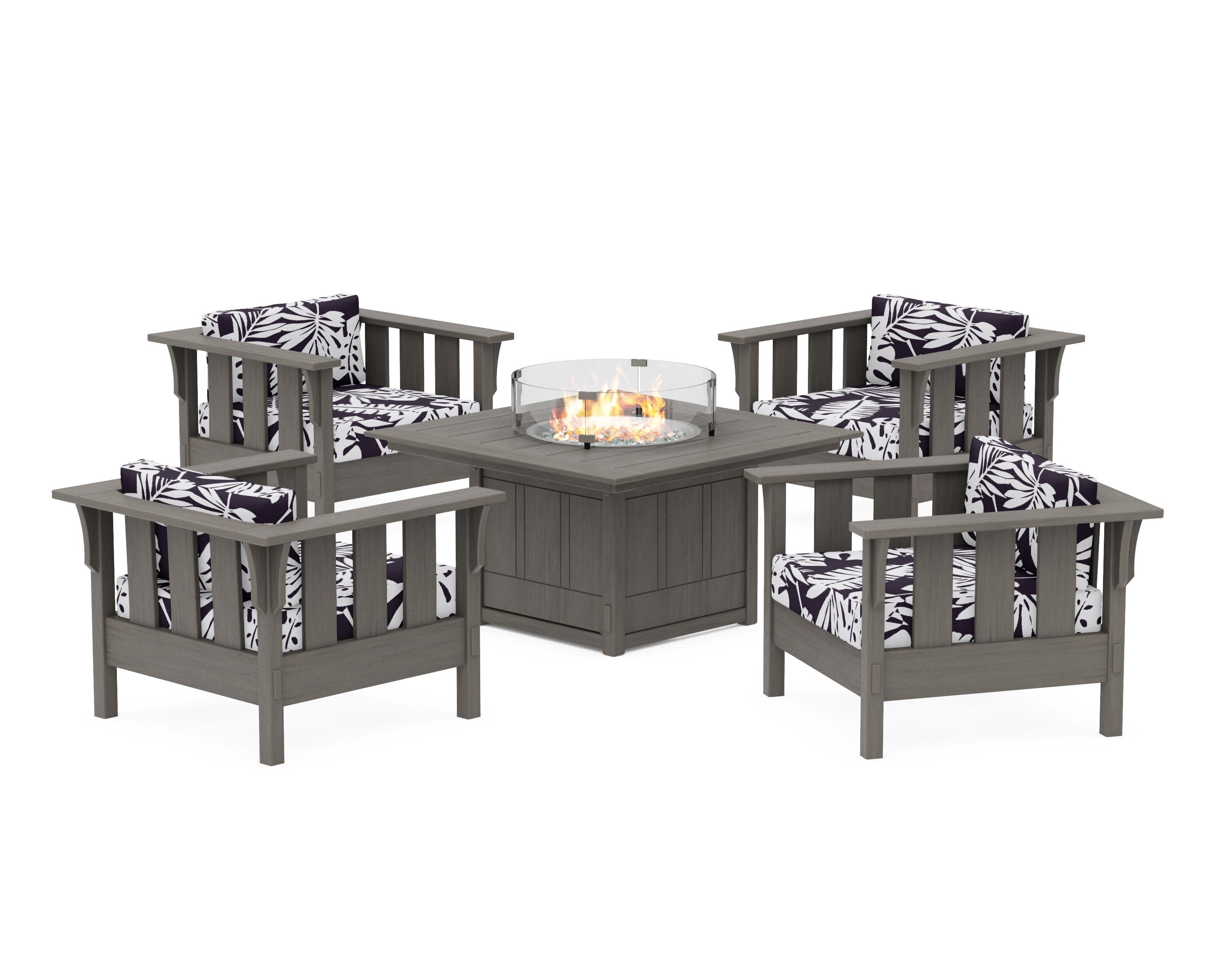 Acadia 5-Piece Deep Seating Set with Fire Pit Table in Driftwood / Leaf Navy