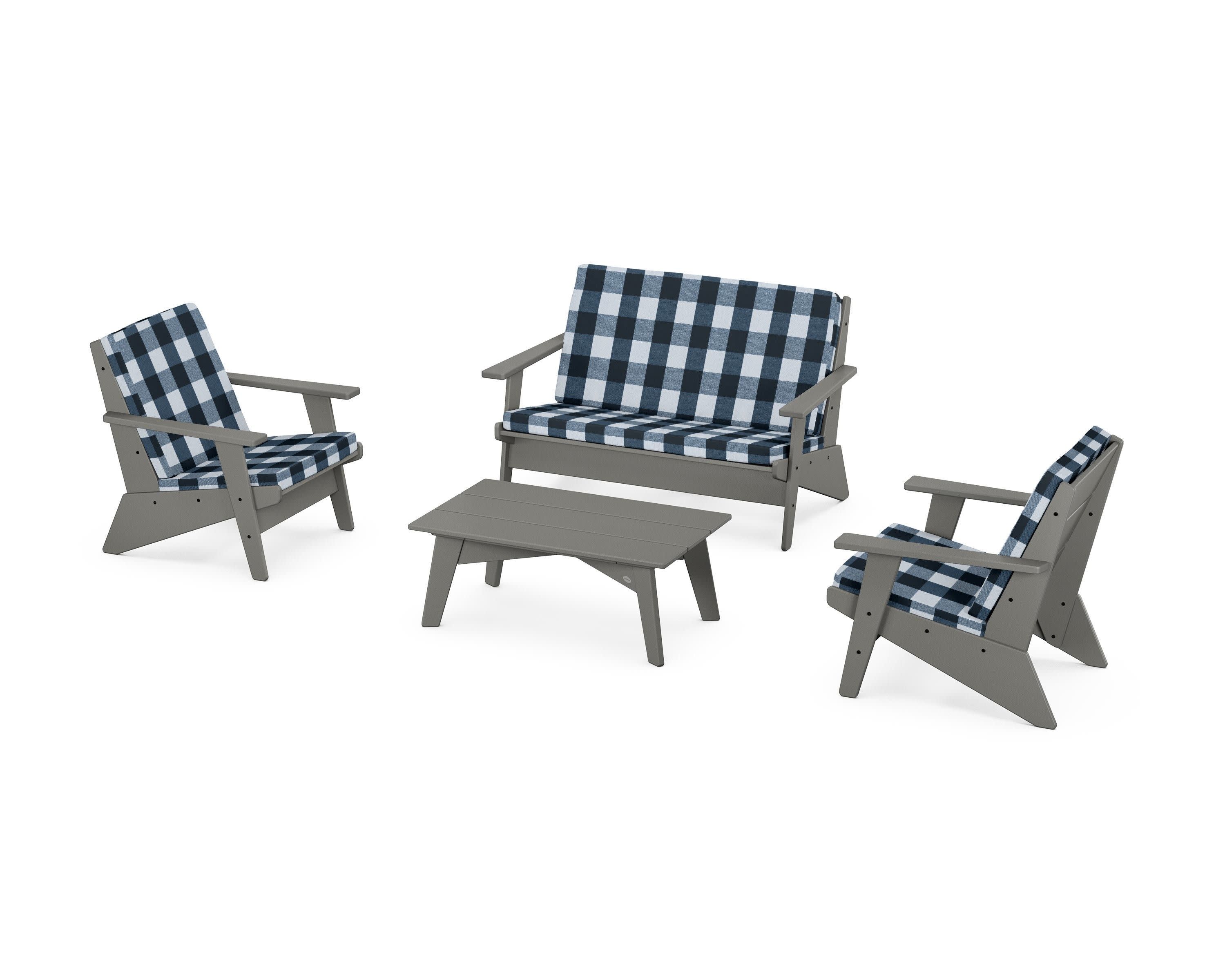 Riviera Modern Lounge 4-Piece Set in Slate Grey / Buffalo Plaid Marine Indigo