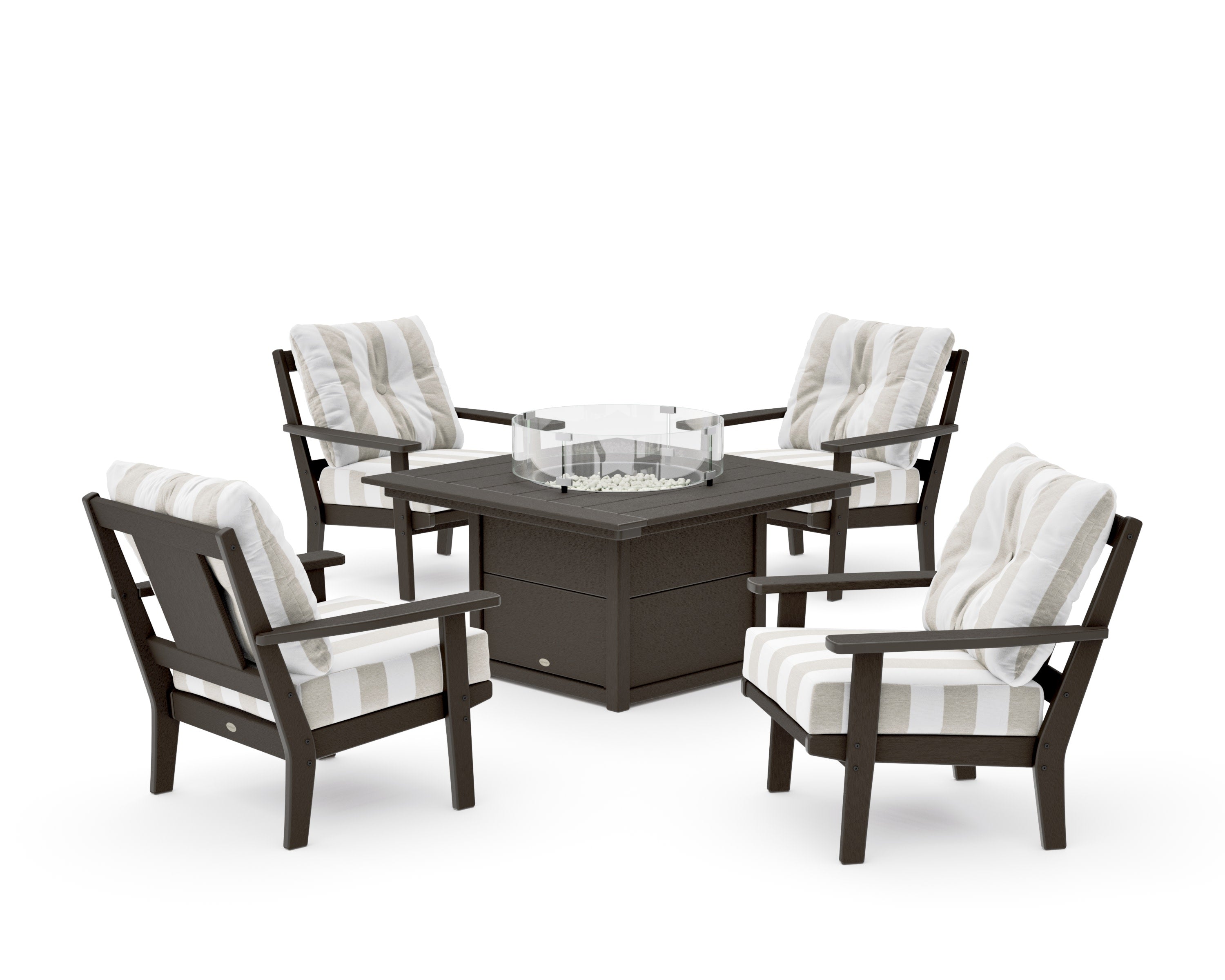 Prairie 5-Piece Deep Seating Set with Fire Pit Table in Vintage Coffee / Cabana Stripe Dune Burlap