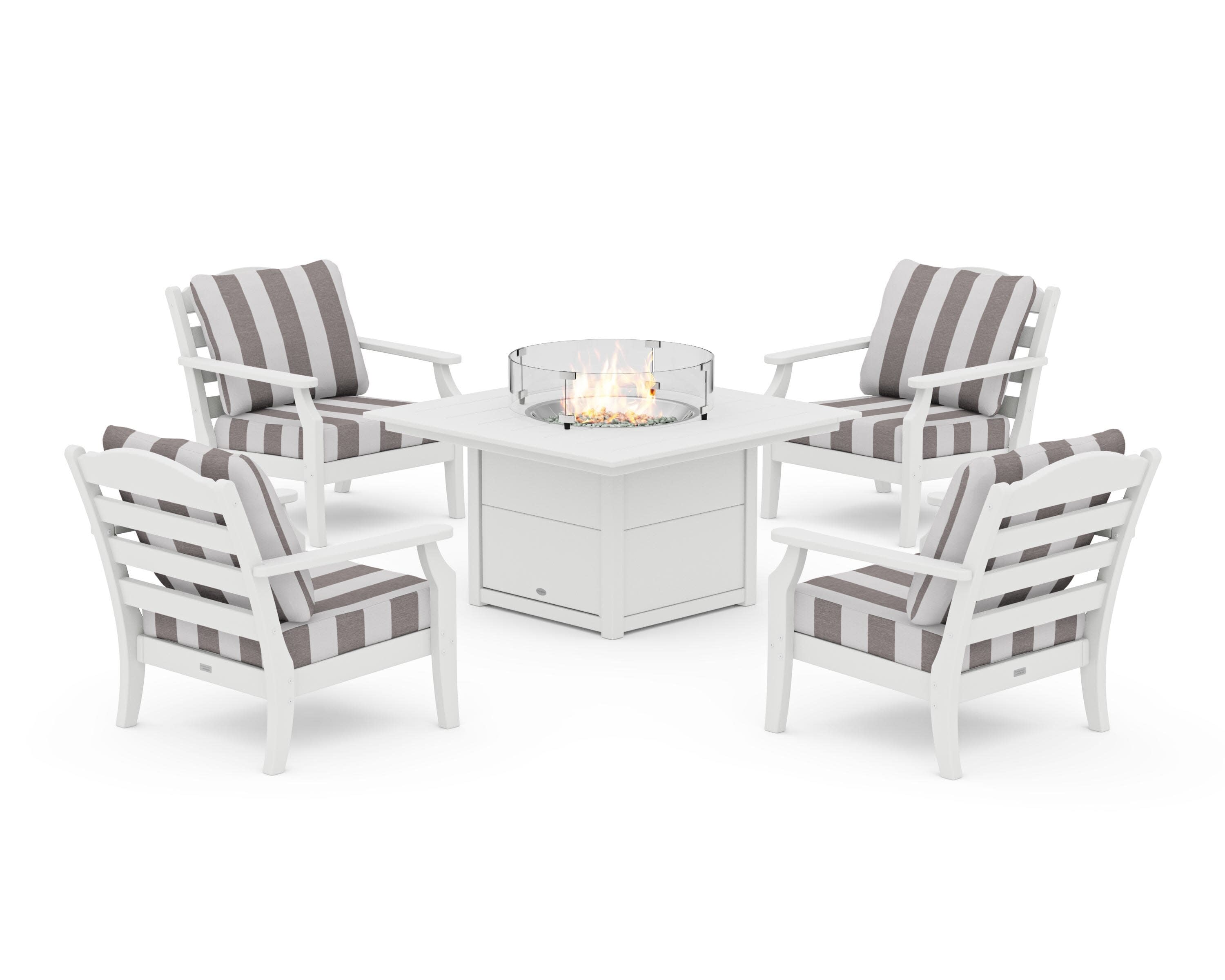 Savannah 5-Piece Deep Seating Set with Fire Pit Table in White / Cabana Stripe Grey Mist