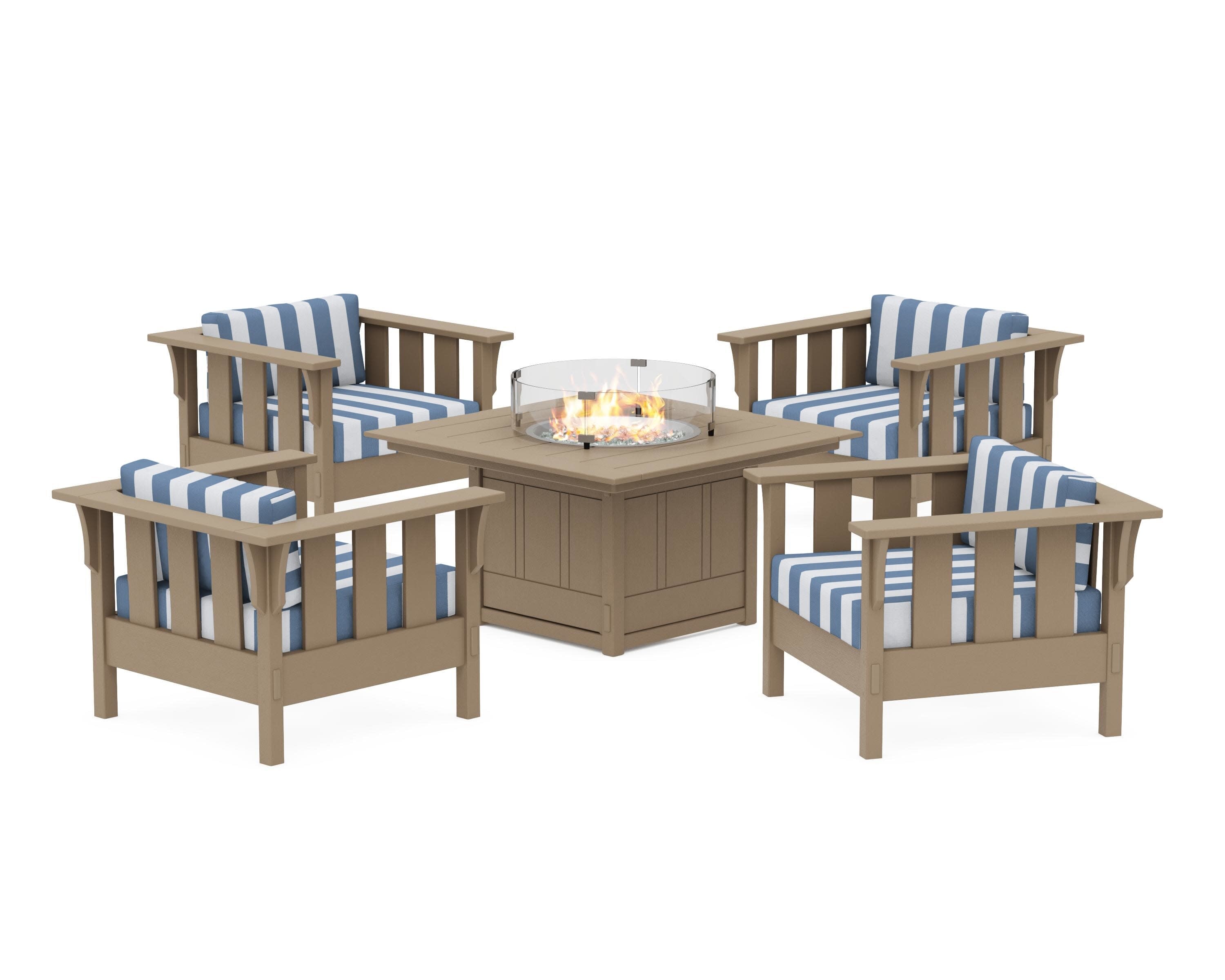 Acadia 5-Piece Deep Seating Set with Fire Pit Table in Vintage Sahara / Cabana Stripe Sky Blue