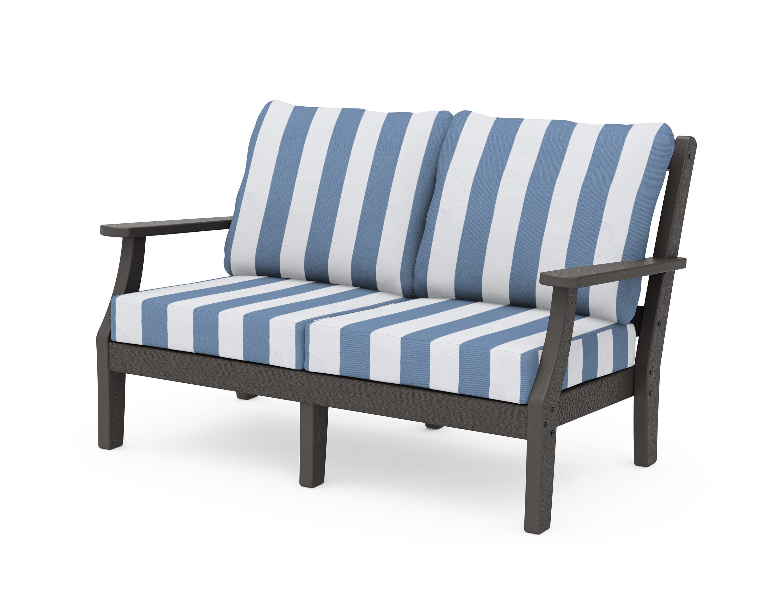 Chinoiserie Deep Seating Loveseat in Vintage Coffee / Cabana Stripe Sky Blue