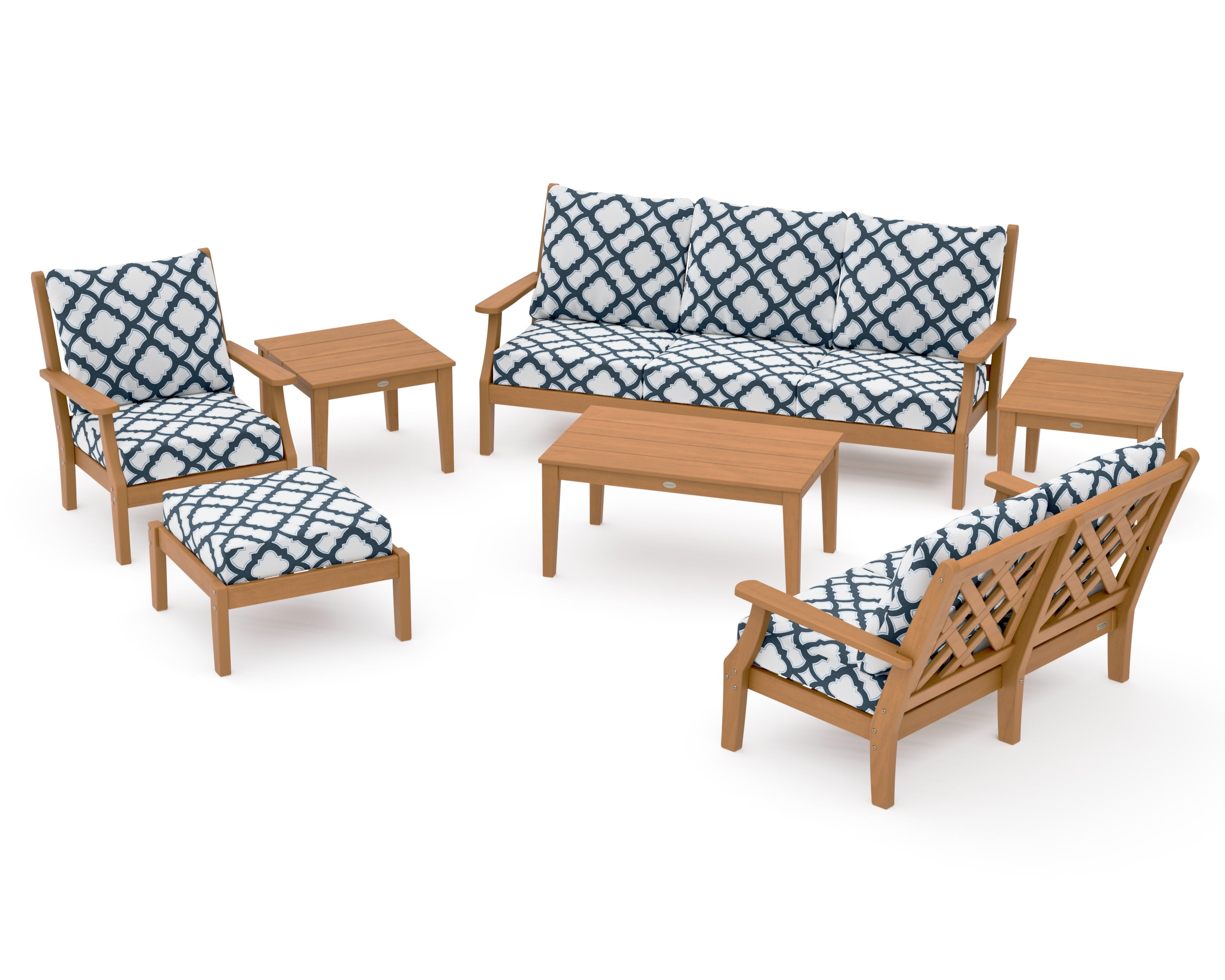 Wovendale 7-Piece Deep Seating Set in Natural / Trellis Marine Indigo