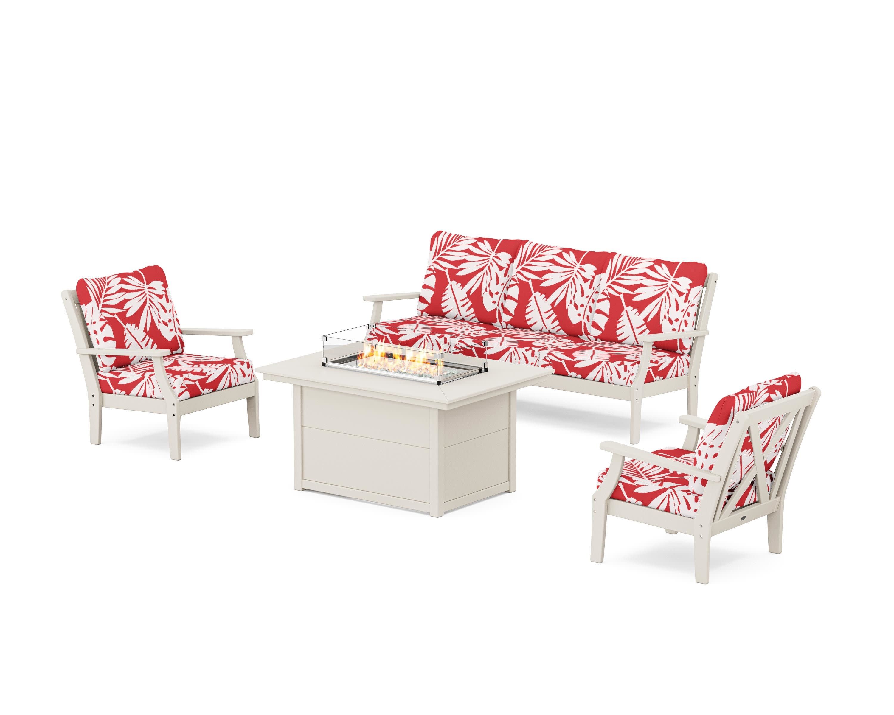 Braxton Deep Seating Fire Pit Table Set in Sand / Leaf Crimson
