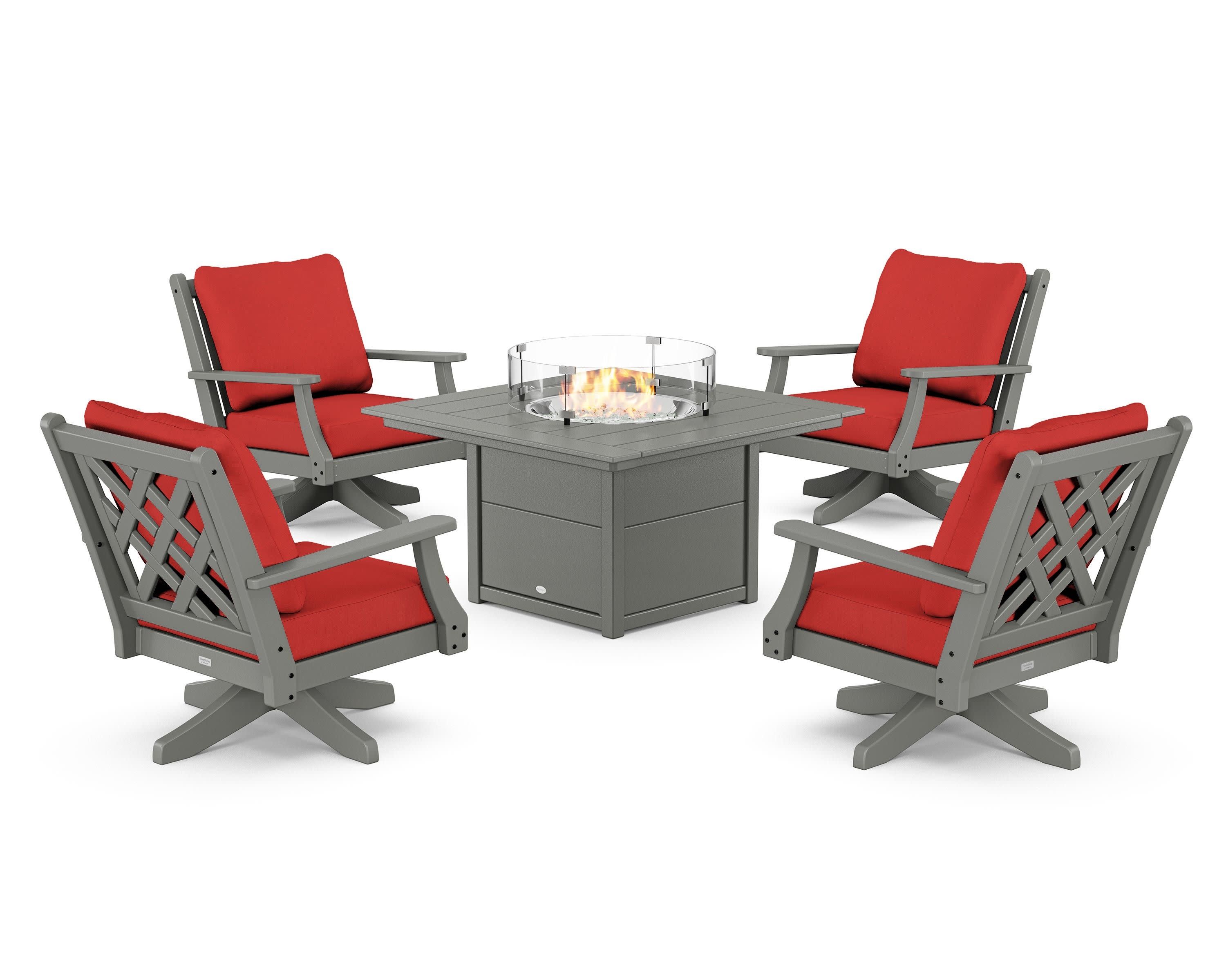 Wovendale 5-Piece Deep Seating Swivel Conversation Set with Fire Pit Table in Slate Grey / Crimson Linen