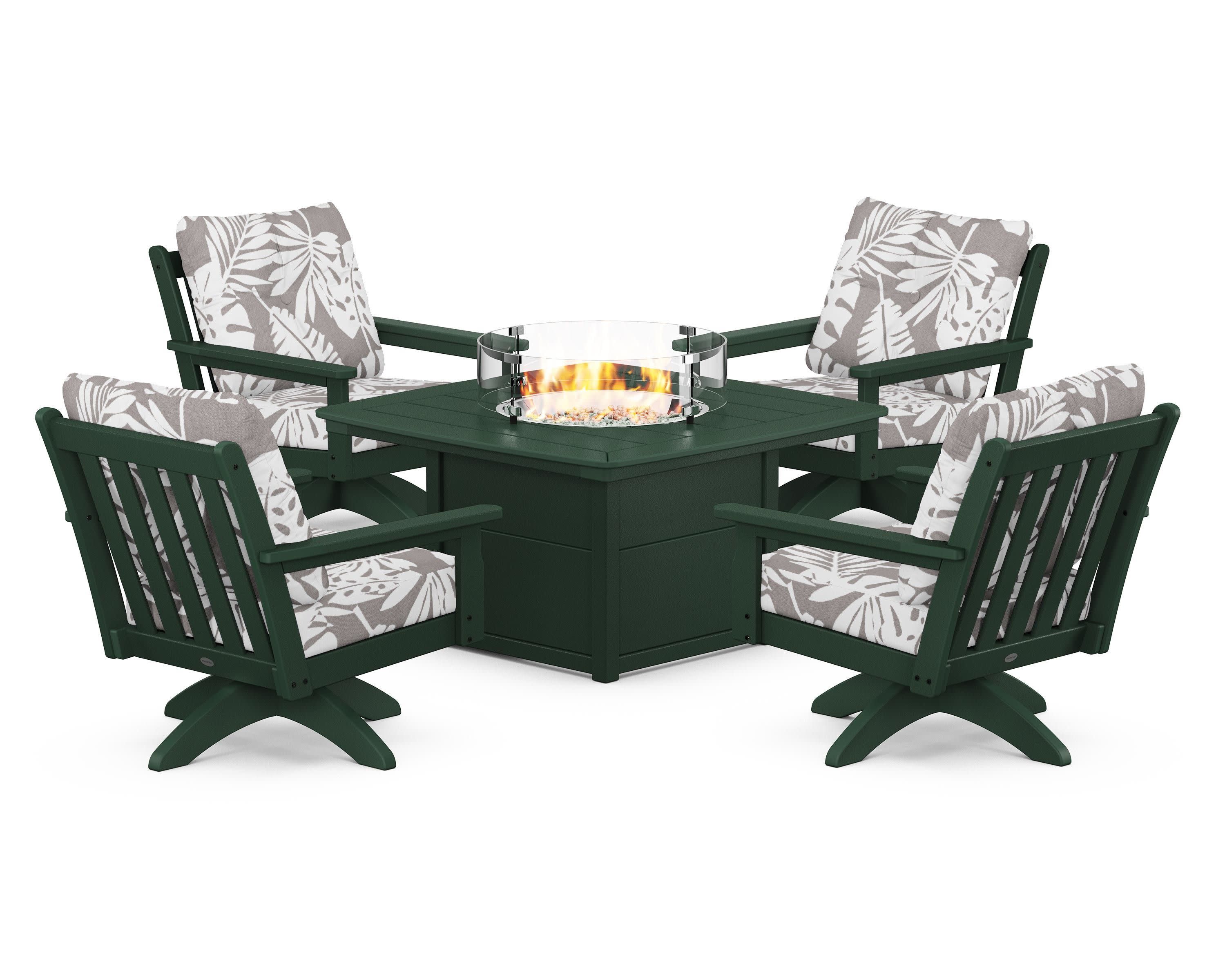 Vineyard 5-Piece Deep Seating Swivel Conversation Set with Fire Pit Table in Green / Leaf Grey Mist