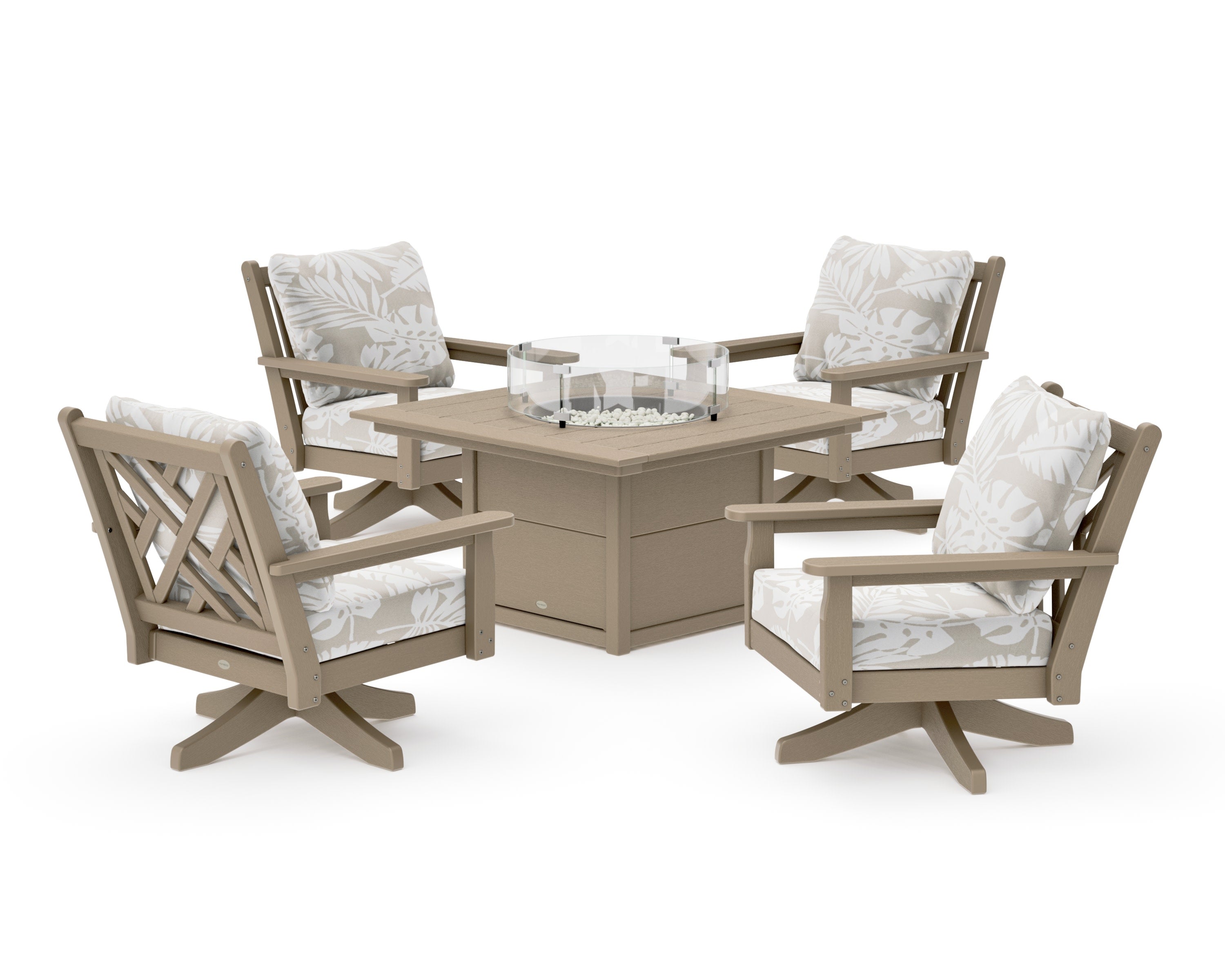 Chippendale 5-Piece Deep Seating Swivel Conversation Set with Fire Pit Table in Vintage Sahara / Leaf Dune Burlap