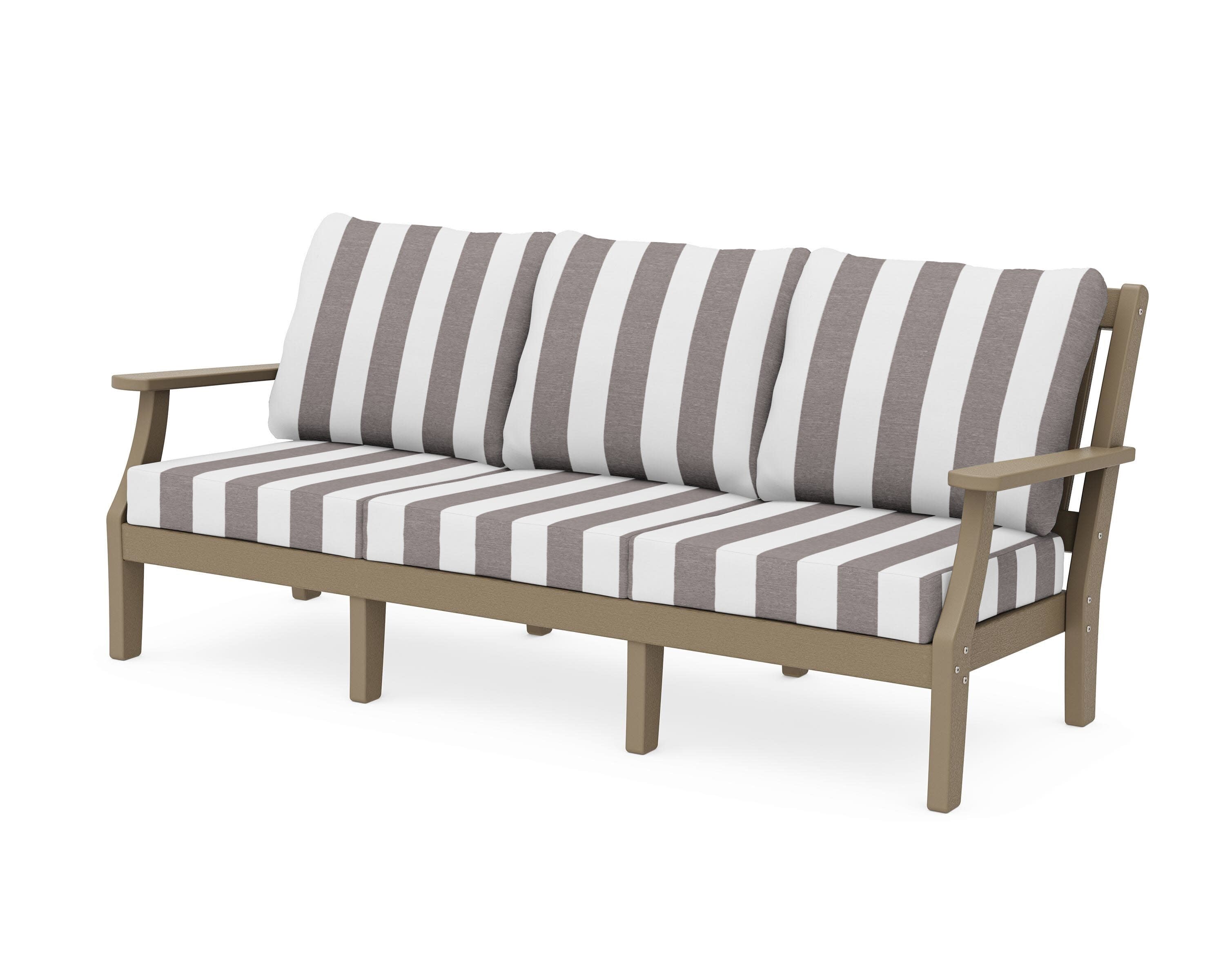 Chinoiserie Deep Seating Sofa in Vintage Sahara / Cabana Stripe Grey Mist