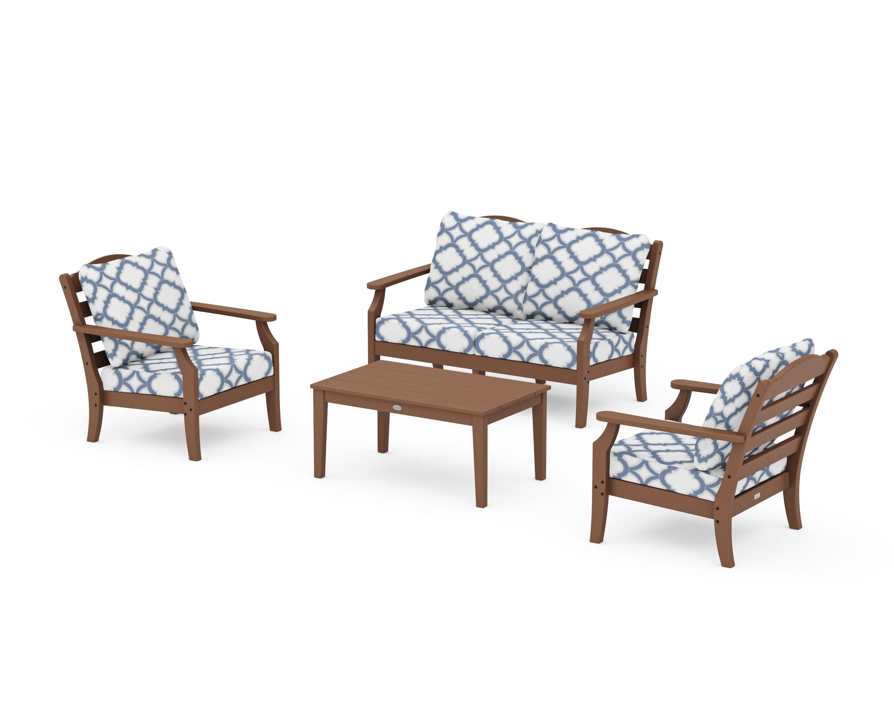 Savannah 4-Piece Deep Seating Set with Loveseat in Teak / Trellis Sky Blue