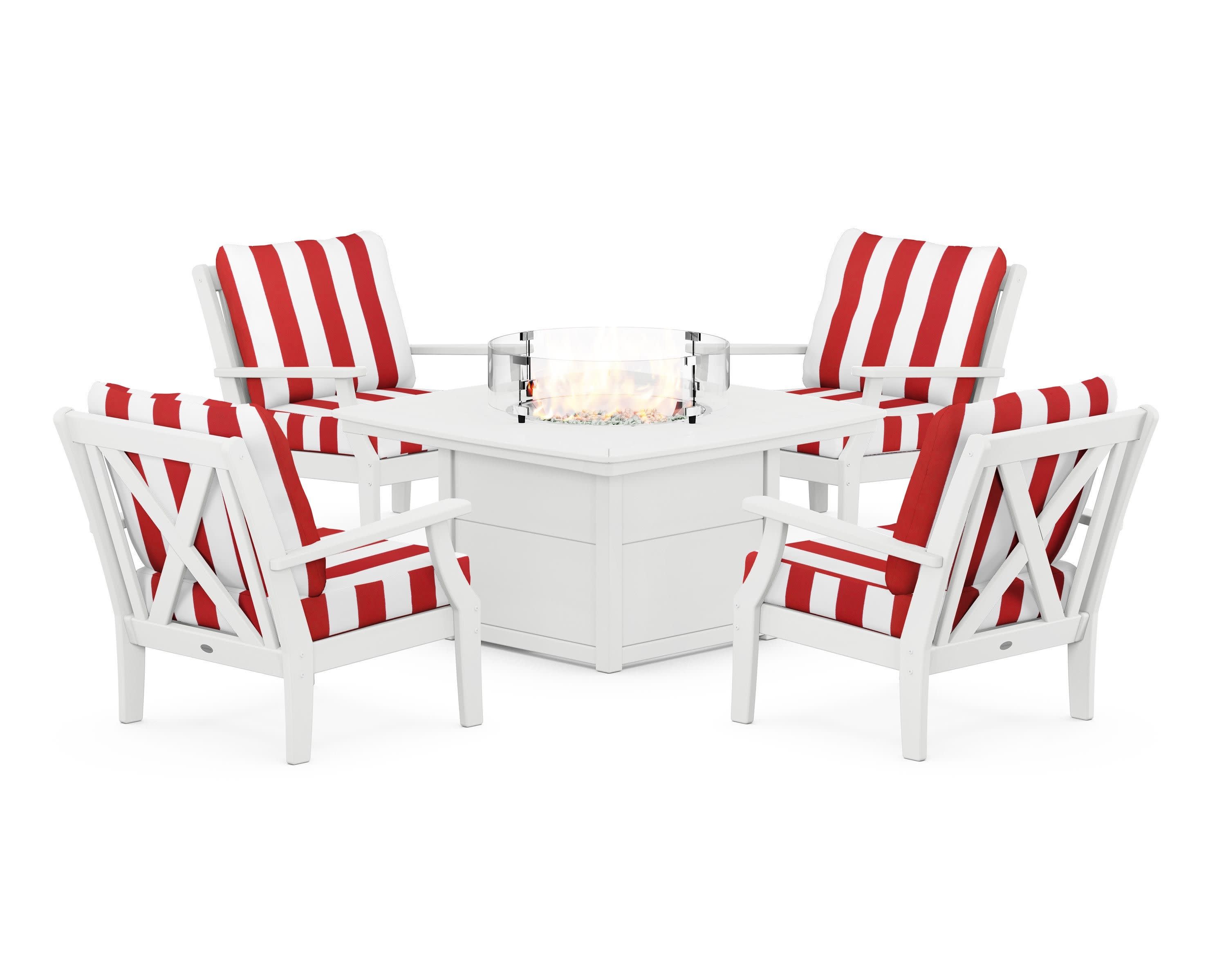 Braxton 5-Piece Deep Seating Conversation Set with Fire Pit Table in White / Cabana Stripe Crimson
