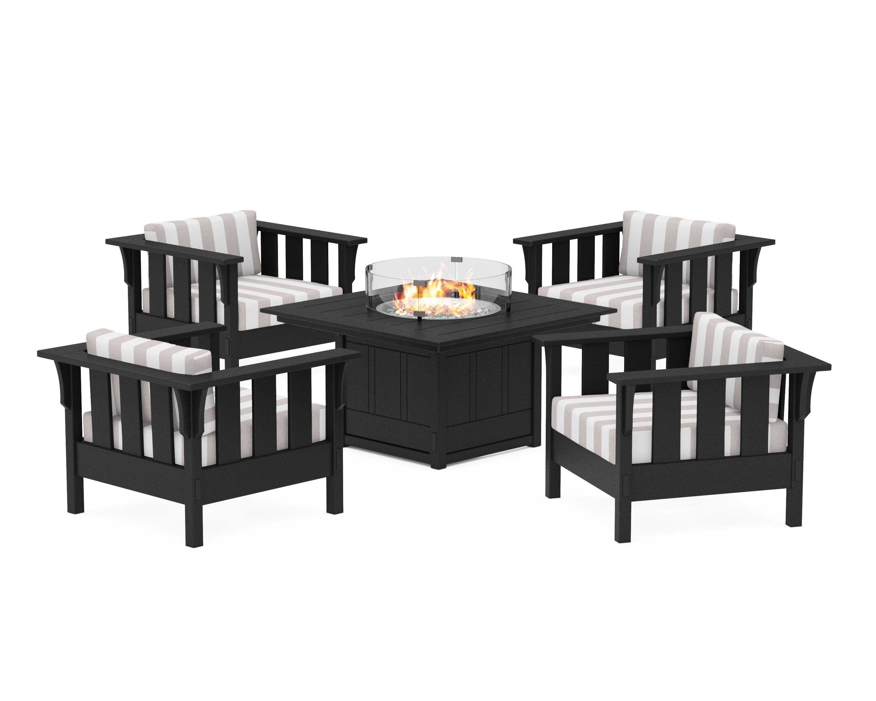 Acadia 5-Piece Deep Seating Set with Fire Pit Table in Black / Cabana Stripe Dune Burlap
