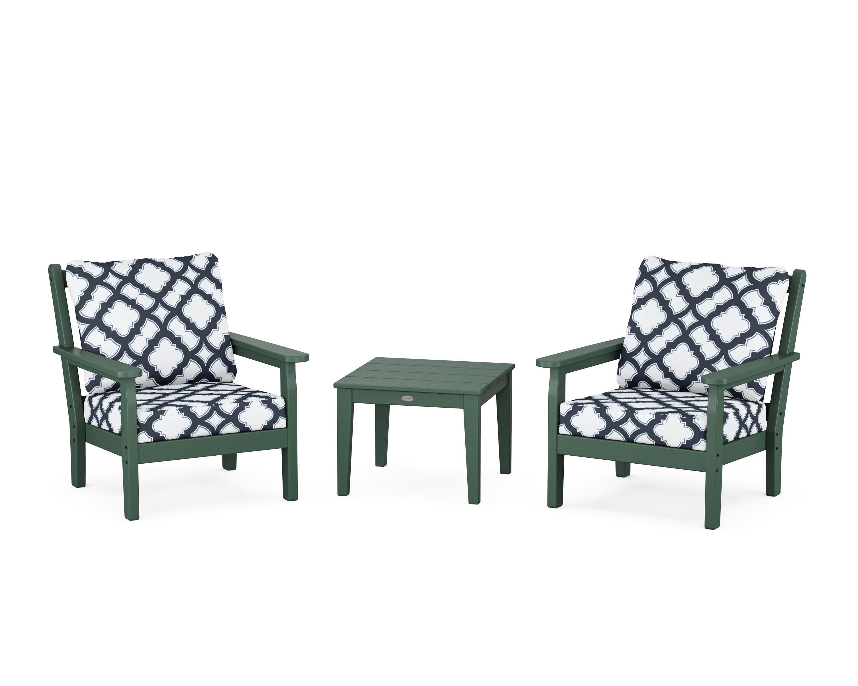 Chippendale 3-Piece Deep Seating Set in Green / Trellis Marine Indigo