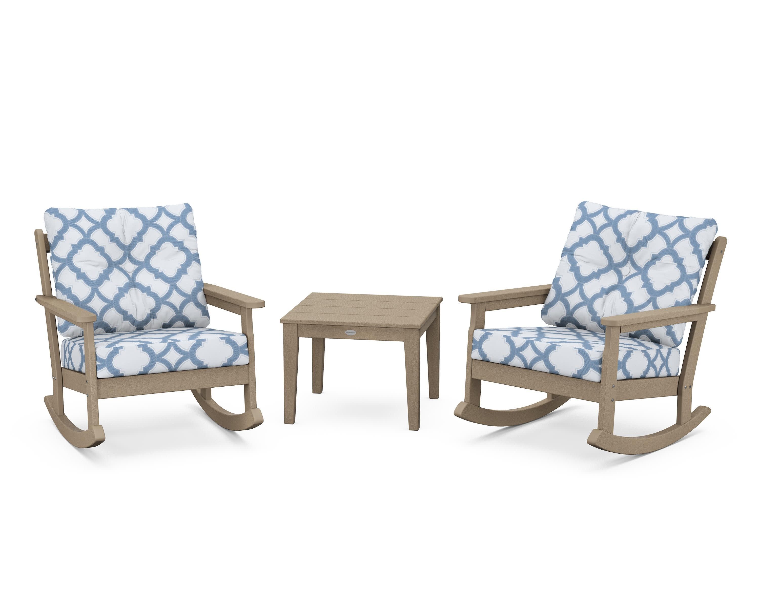 Vineyard 3-Piece Deep Seating Rocker Set in Vintage Sahara / Trellis Sky Blue