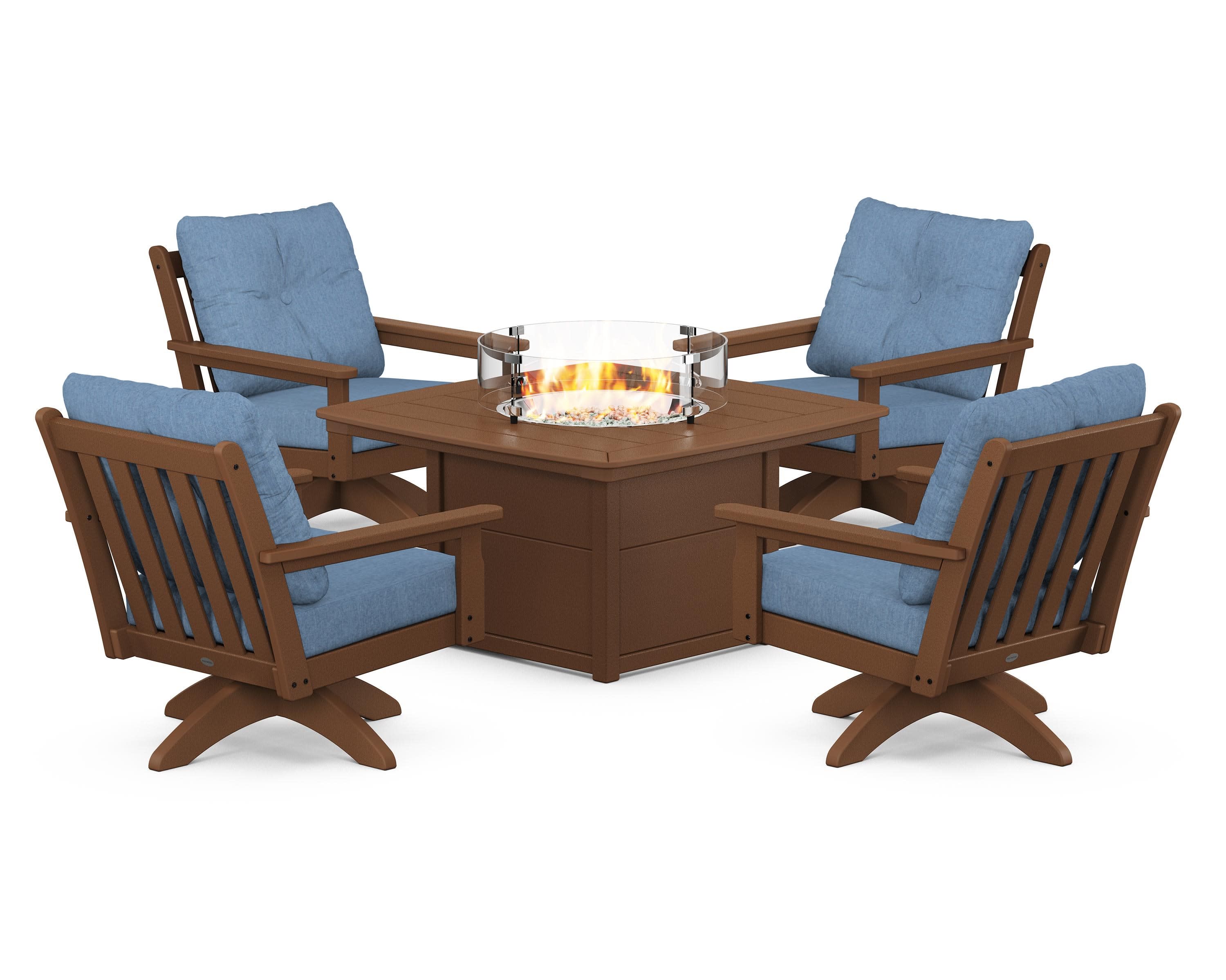 Vineyard 5-Piece Deep Seating Swivel Conversation Set with Fire Pit Table in Teak / Sky Blue