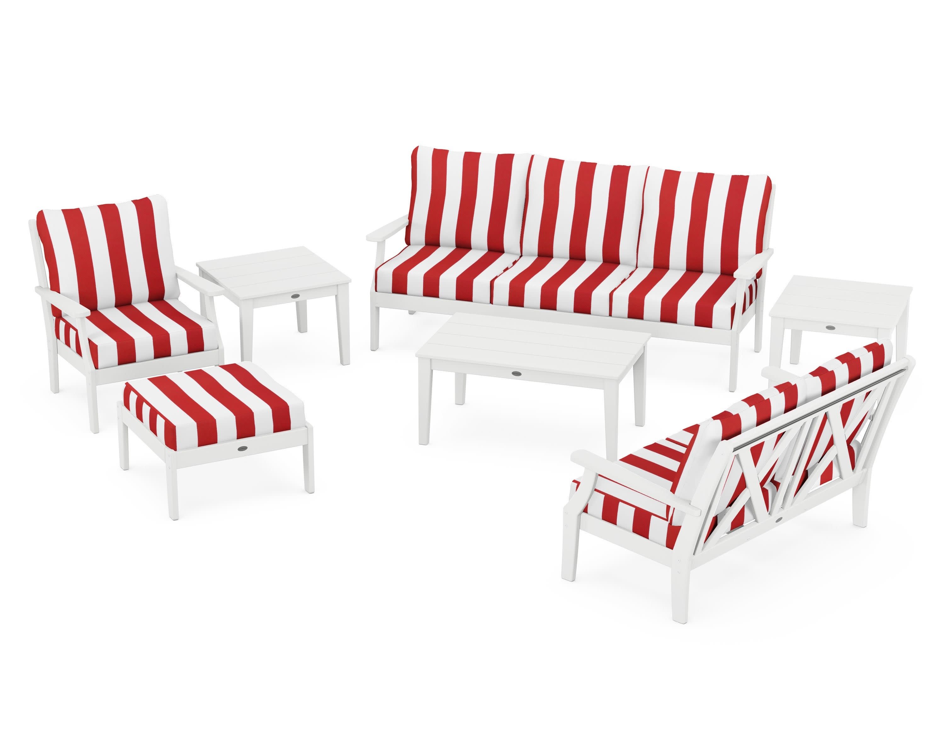 Braxton 7-Piece Deep Seating Set in White / Cabana Stripe Crimson