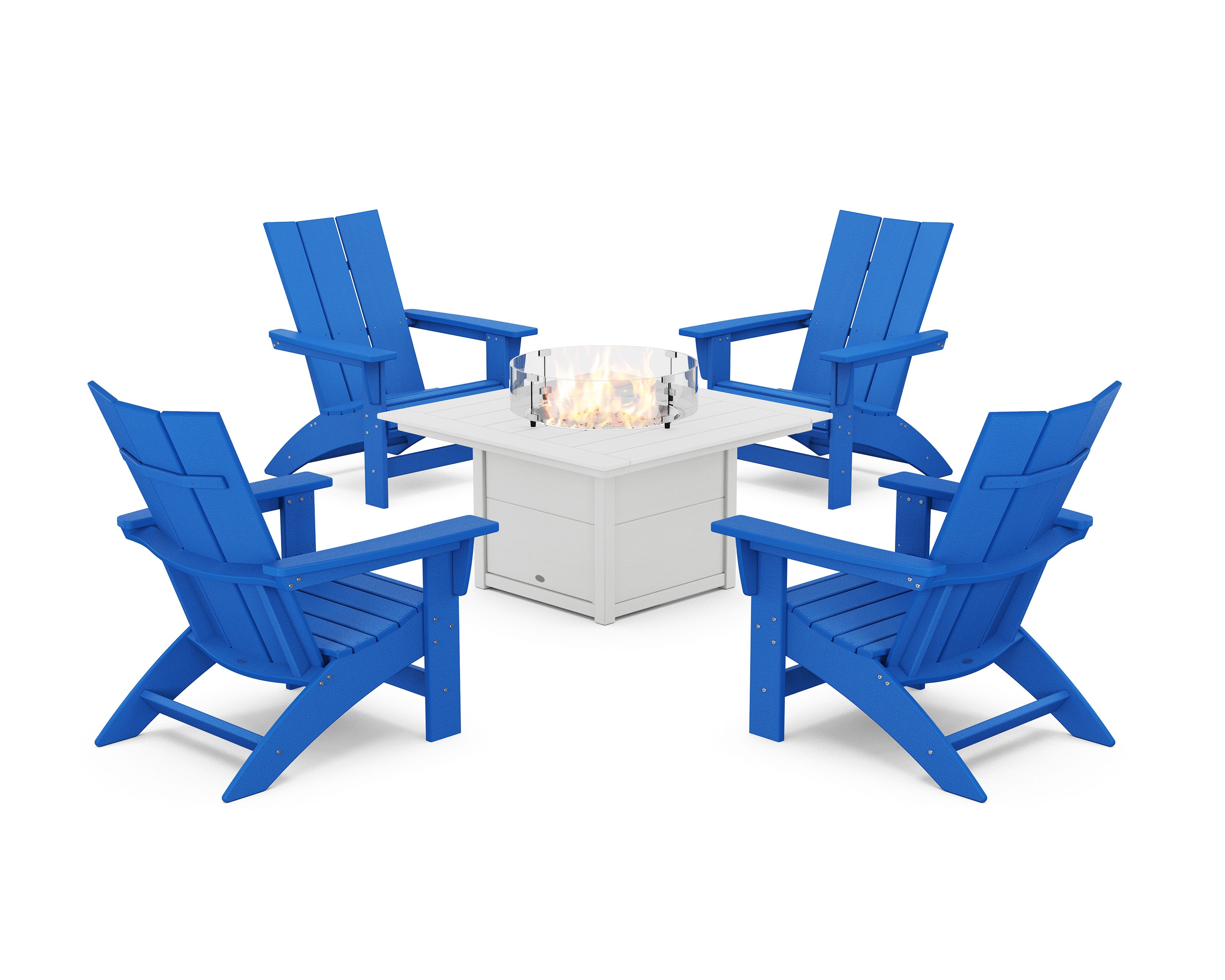 5-Piece Modern Grand Adirondack Conversation Set with Fire Pit Table in Pacific Blue / White