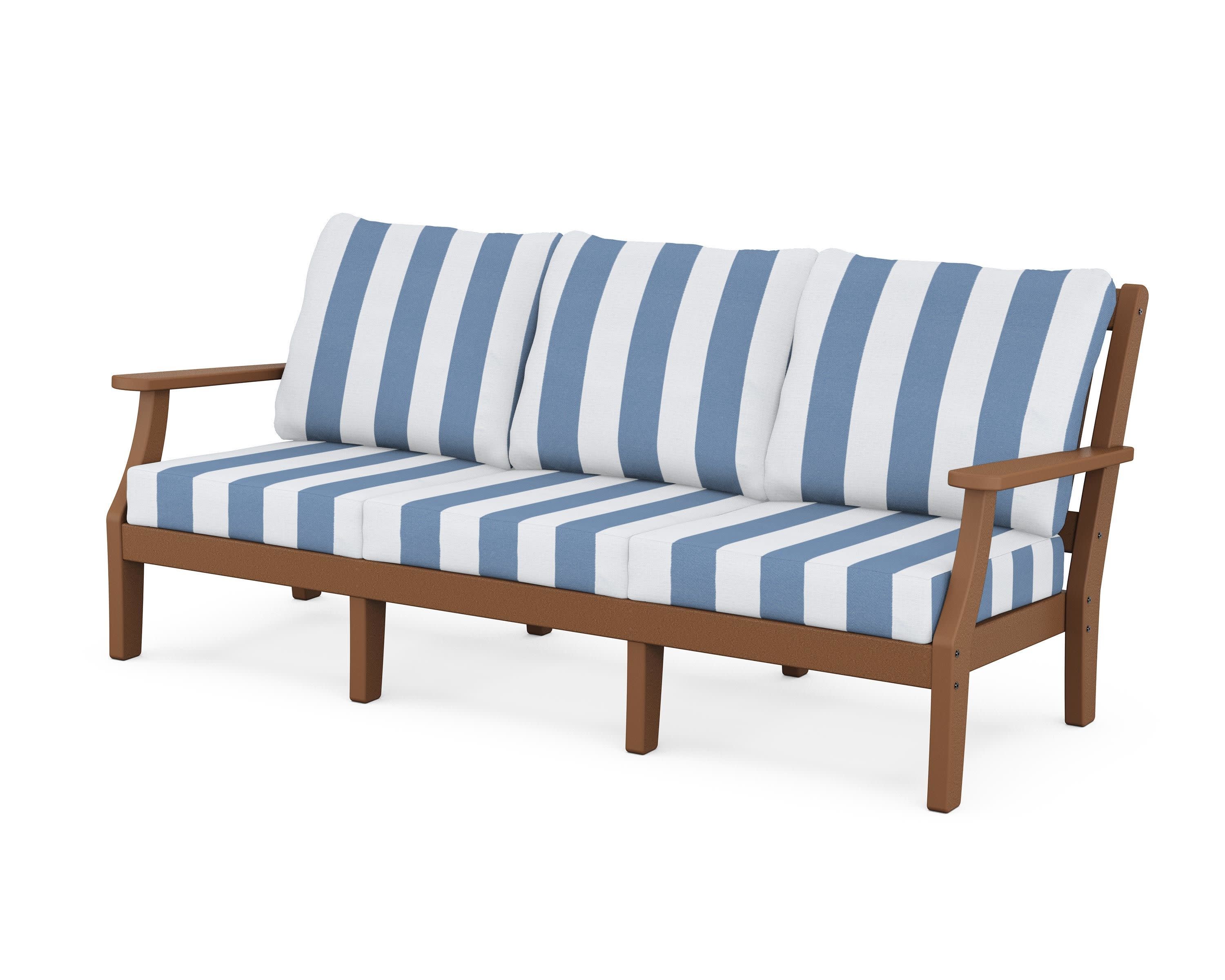 Chinoiserie Deep Seating Sofa in Teak / Cabana Stripe Sky Blue