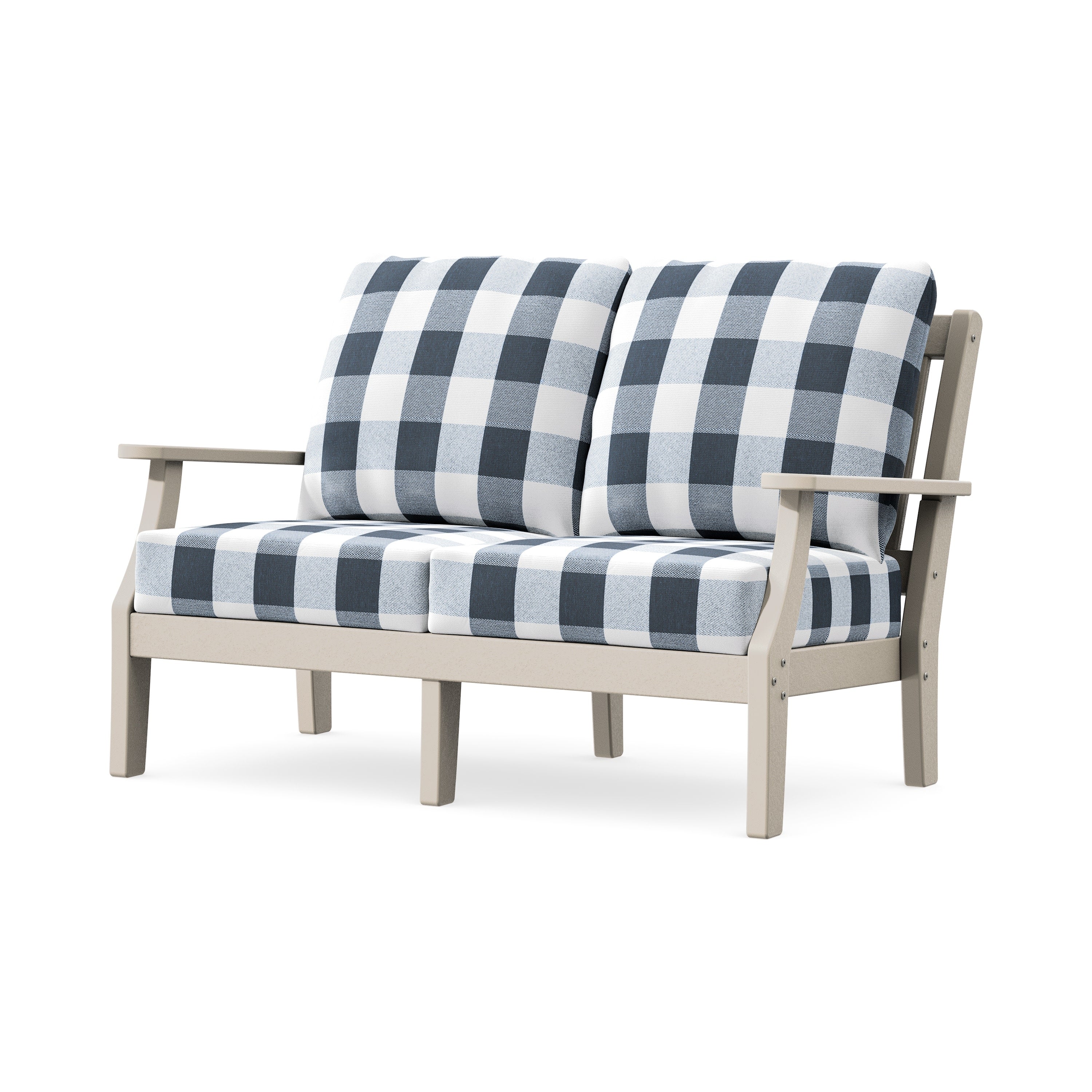 Chinoiserie Deep Seating Loveseat in Sand / Buffalo Plaid Marine Indigo