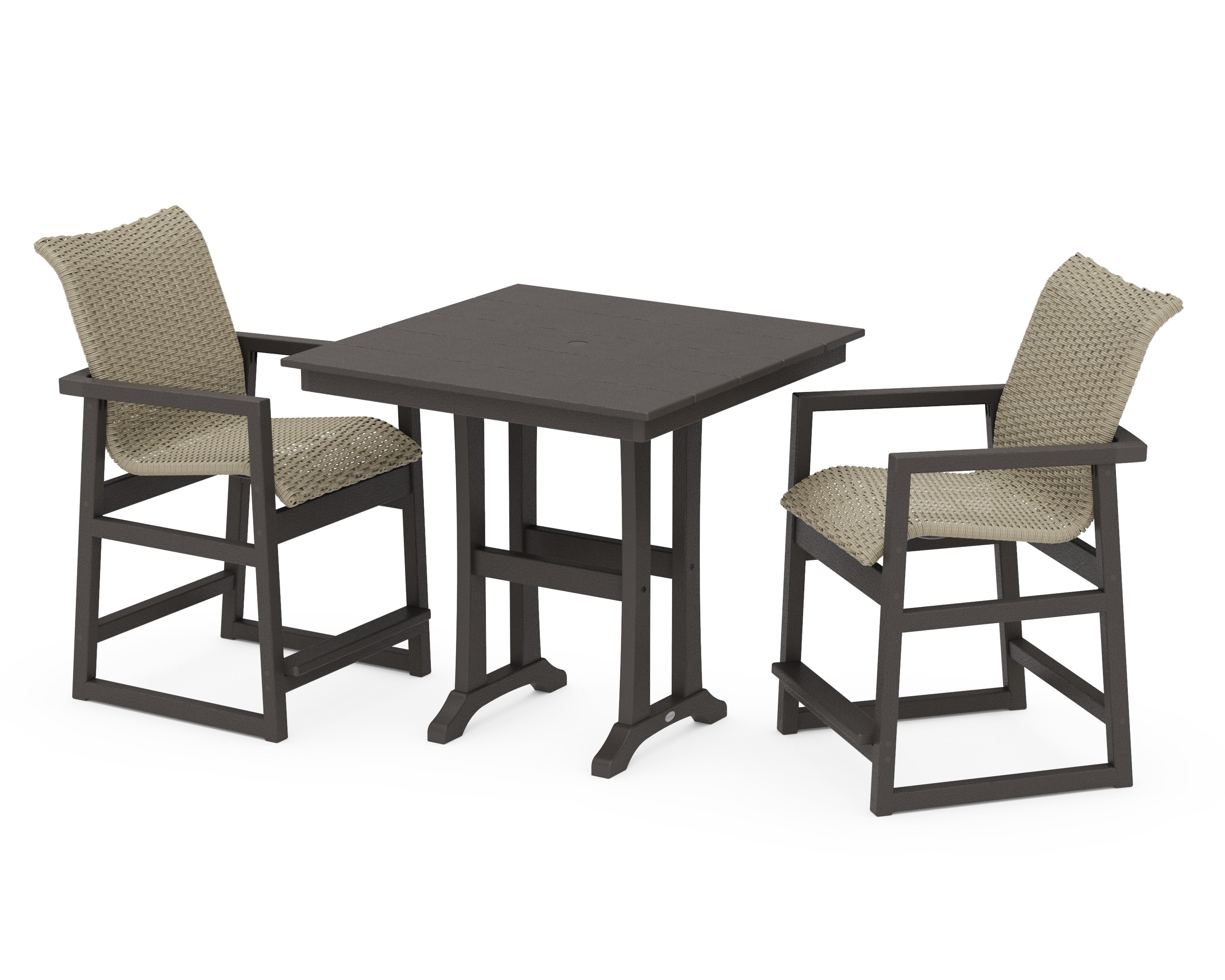 EDGE Woven 3-Piece Farmhouse Counter Set with Trestle Legs in Vintage Coffee / Dune Grass