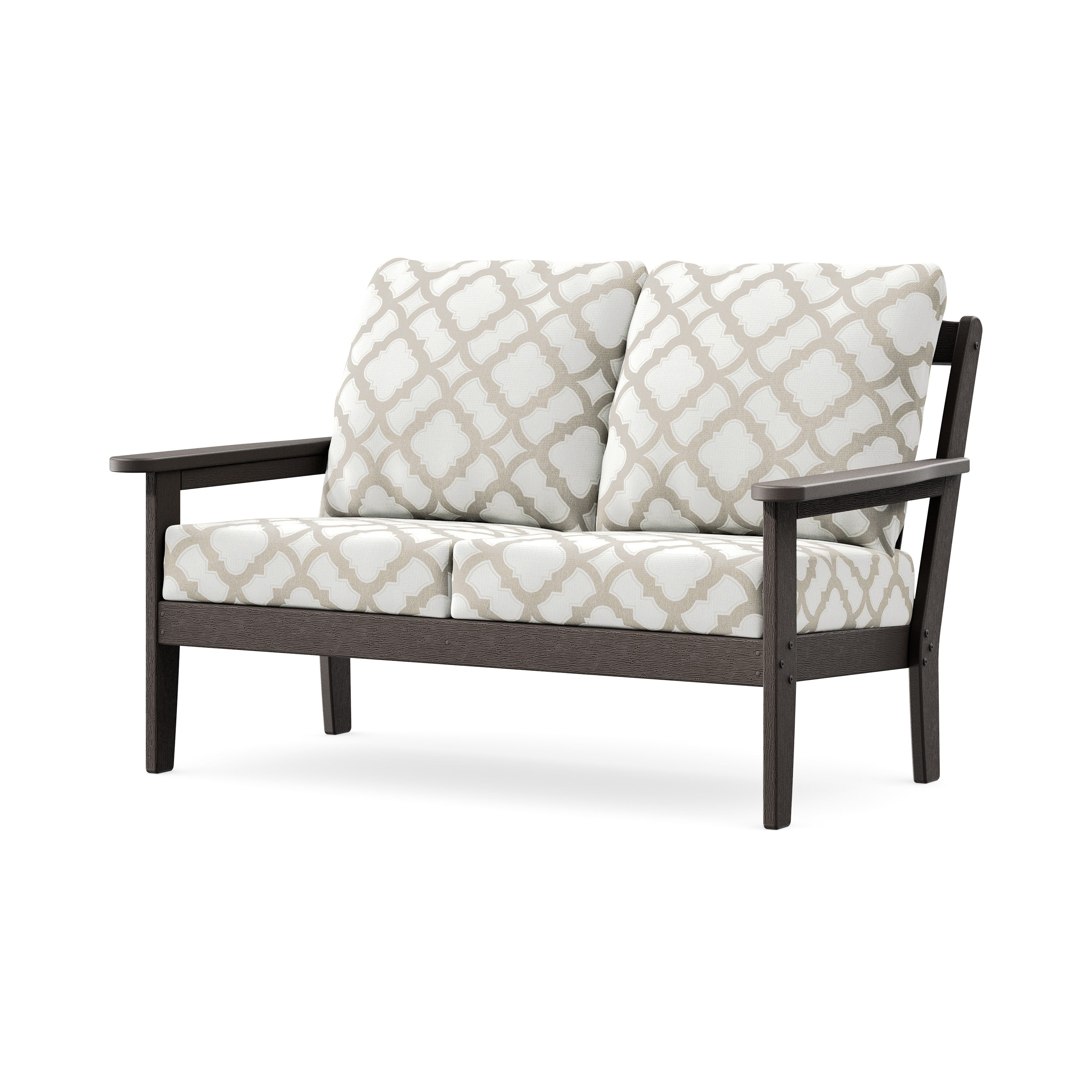 Cottage Deep Seating Loveseat in Vintage Coffee / Trellis Dune Burlap