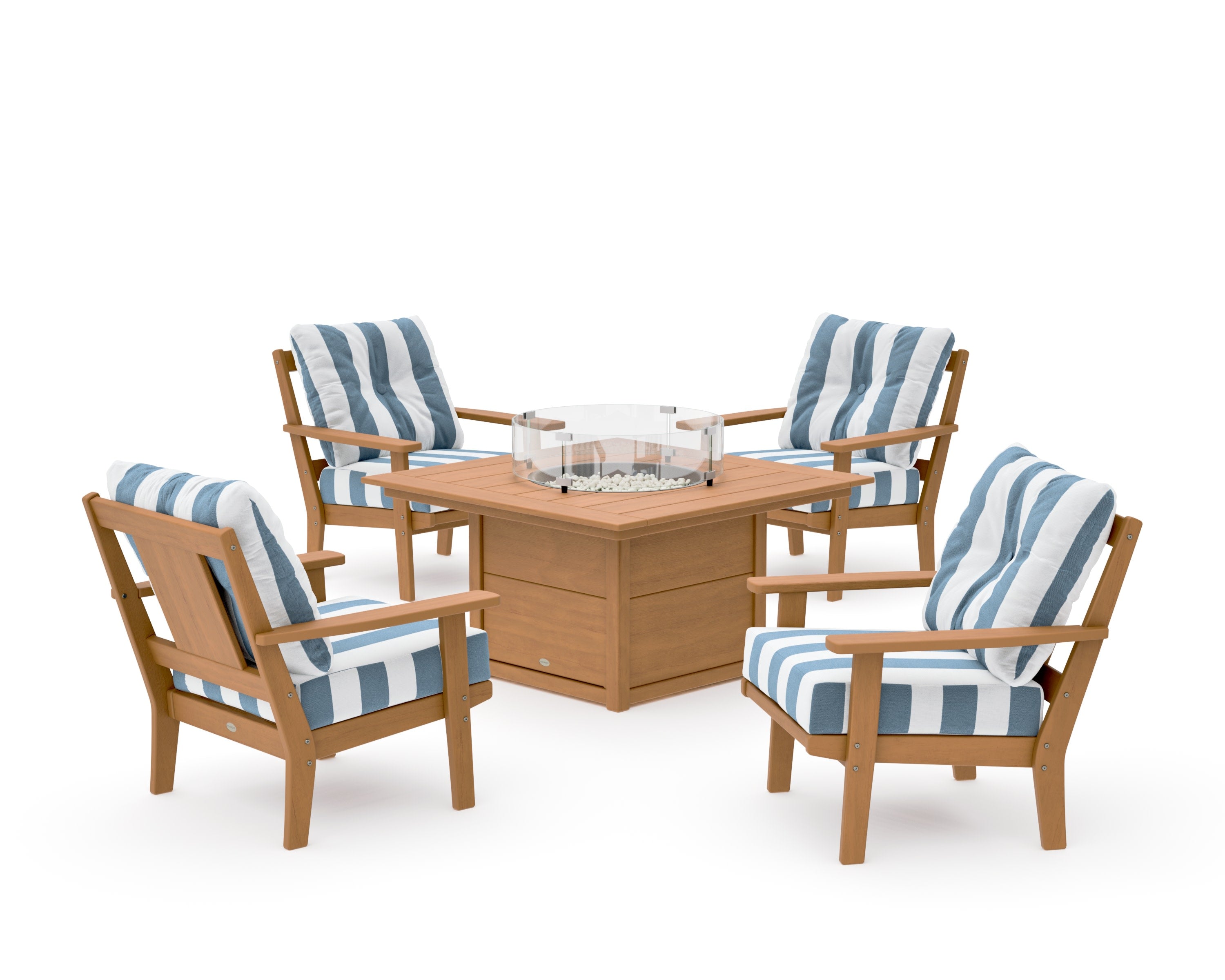 Prairie 5-Piece Deep Seating Set with Fire Pit Table in Natural / Cabana Stripe Sky Blue