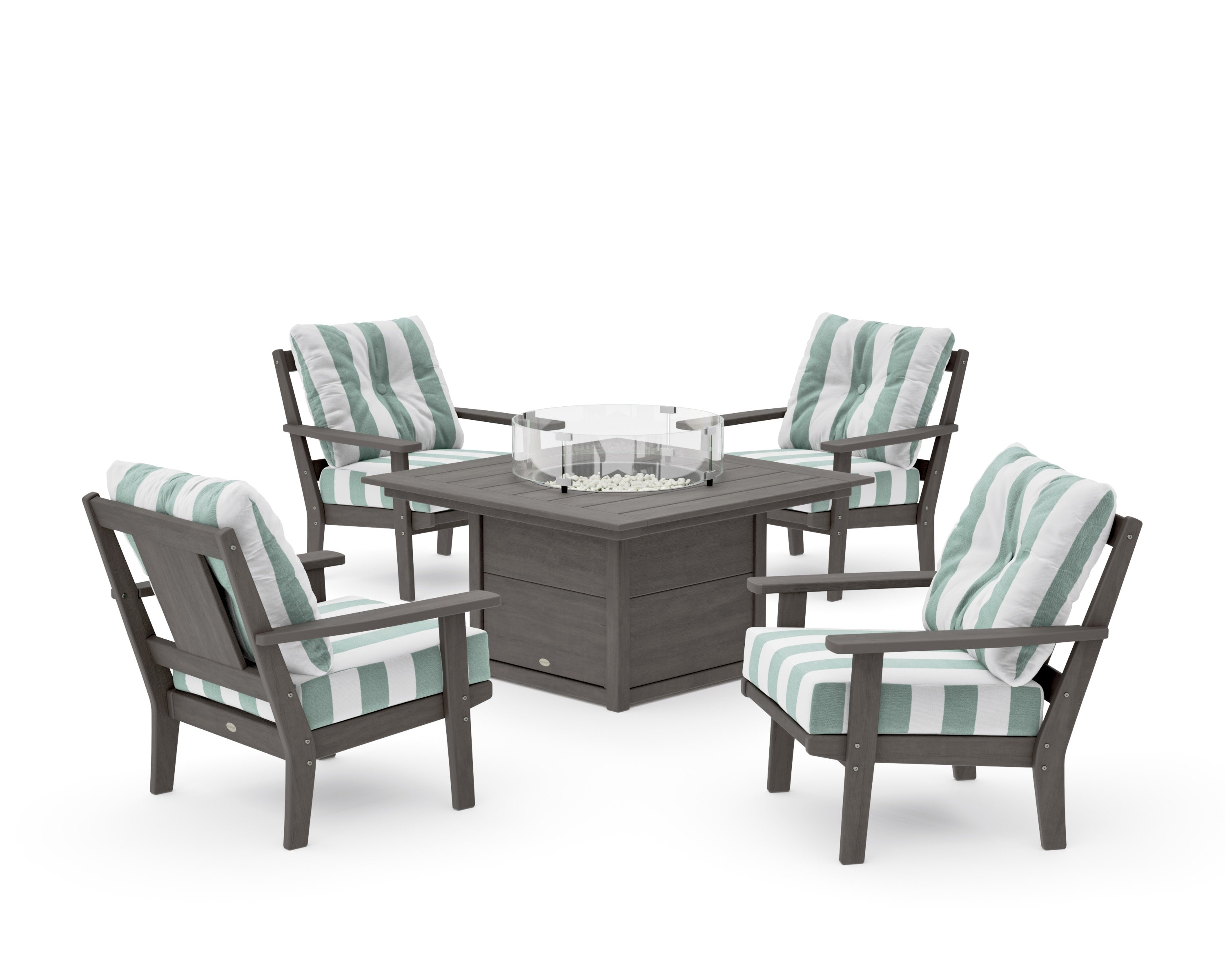 Prairie 5-Piece Deep Seating Set with Fire Pit Table in Driftwood / Cabana Stripe Glacier Spa