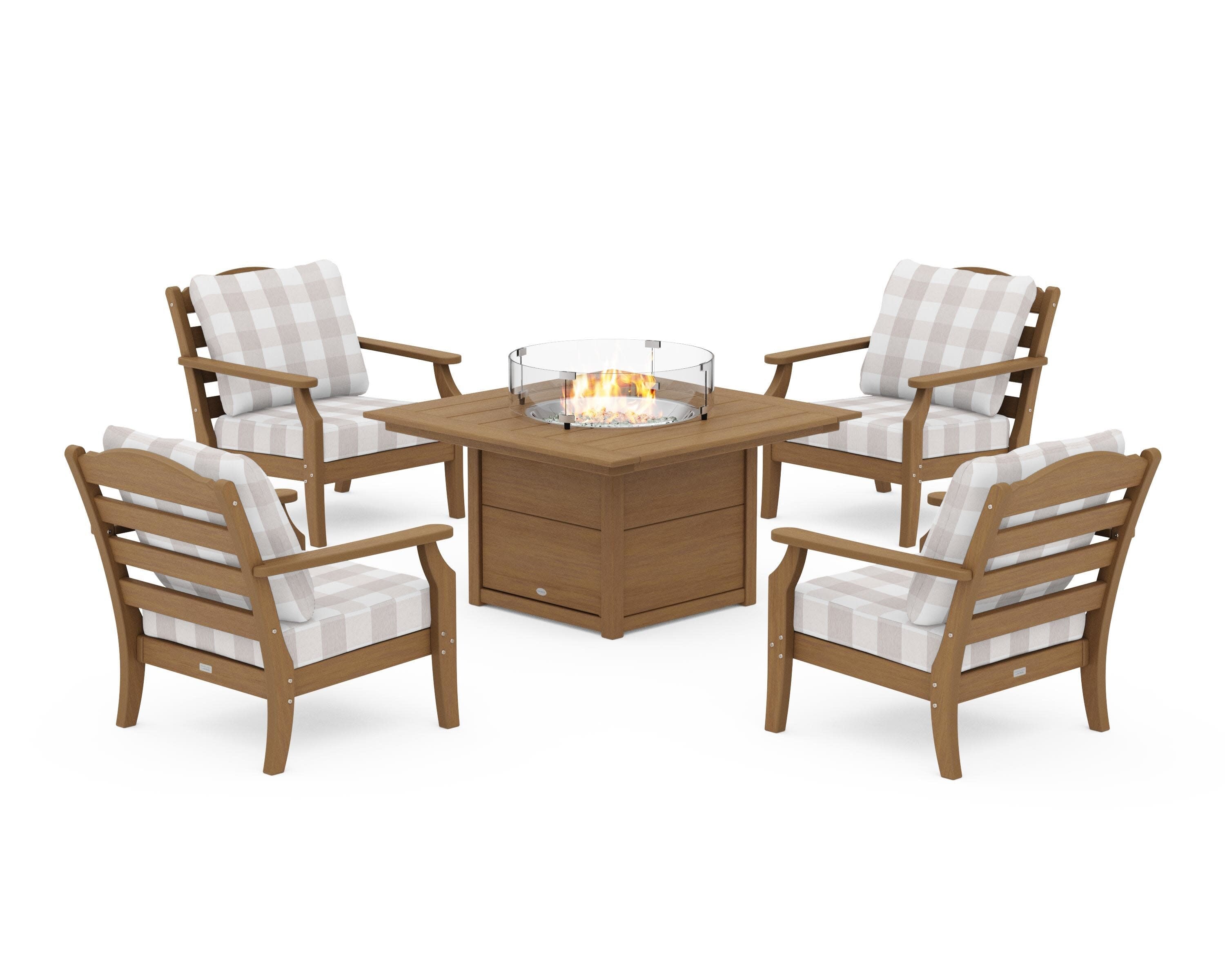 Savannah 5-Piece Deep Seating Set with Fire Pit Table in Natural / Buffalo Plaid Dune Burlap