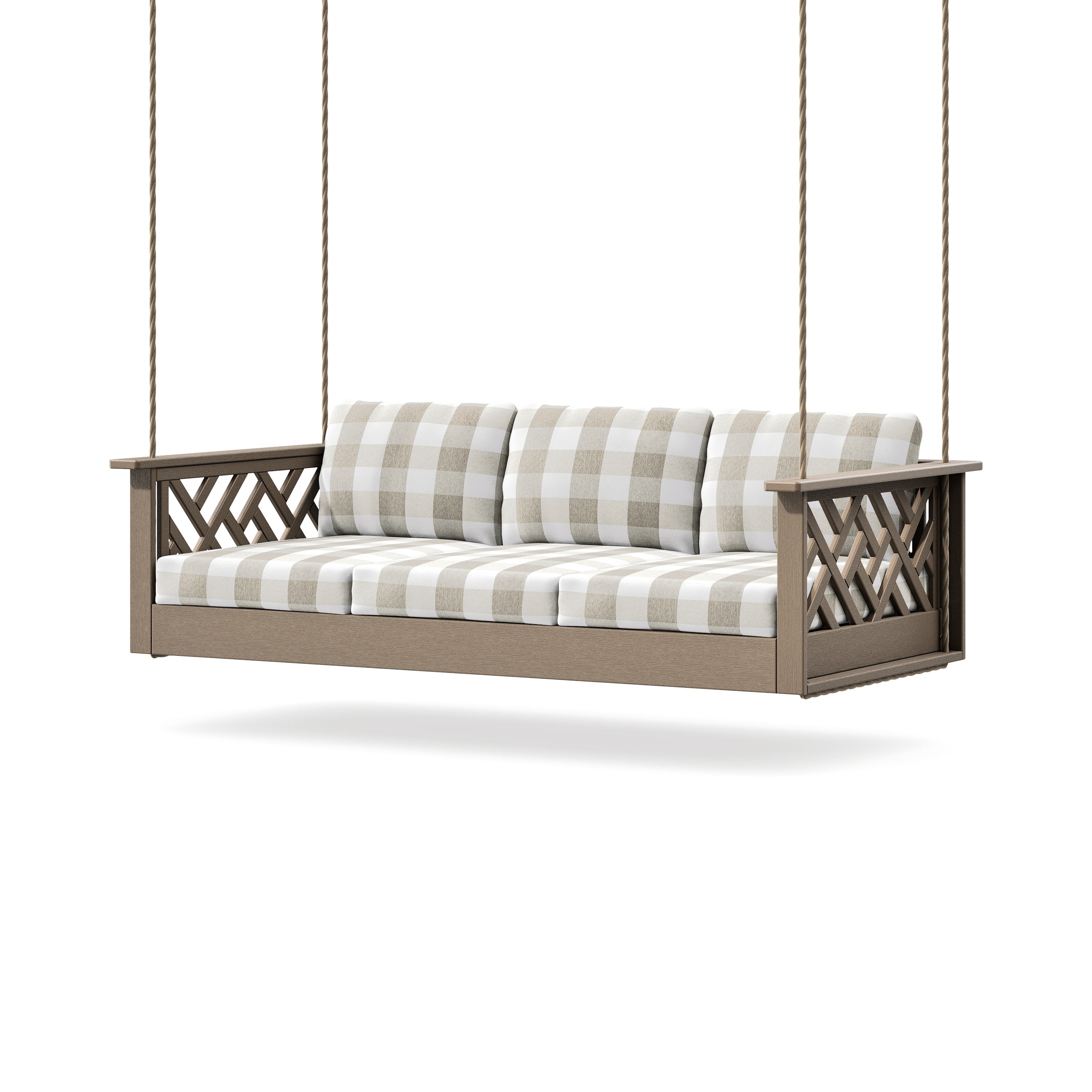 Chippendale Daybed Swing in Vintage Sahara / Buffalo Plaid Dune Burlap