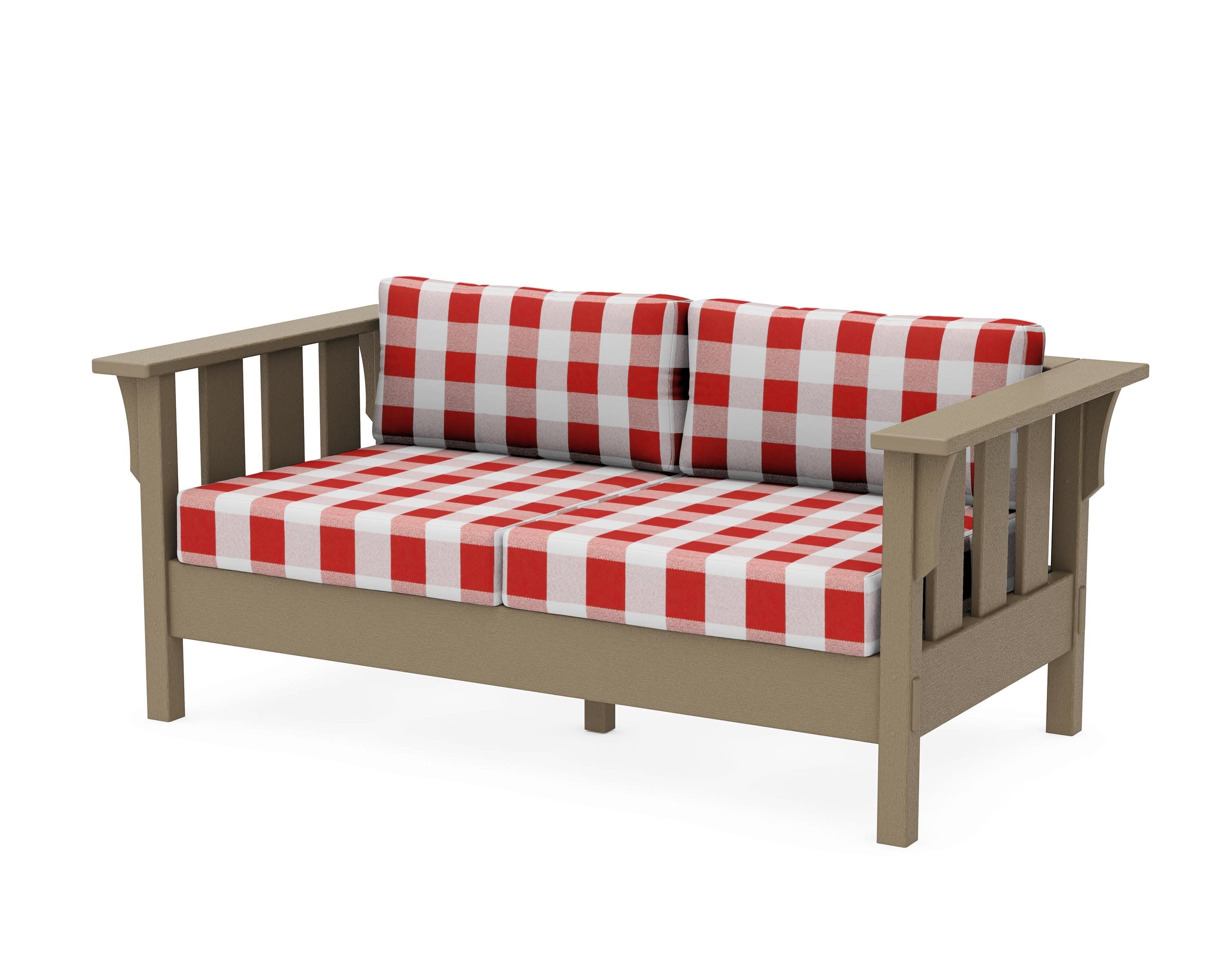 Acadia Deep Seating Loveseat in Vintage Sahara / Buffalo Plaid Crimson