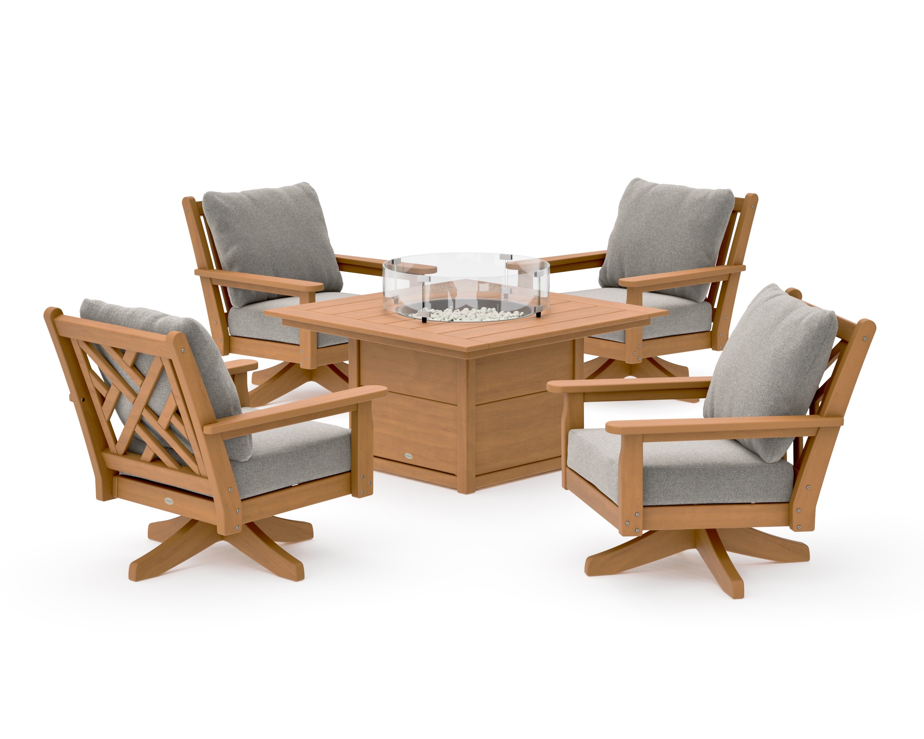 Chippendale 5-Piece Deep Seating Swivel Conversation Set with Fire Pit Table in Natural / Weathered Tweed