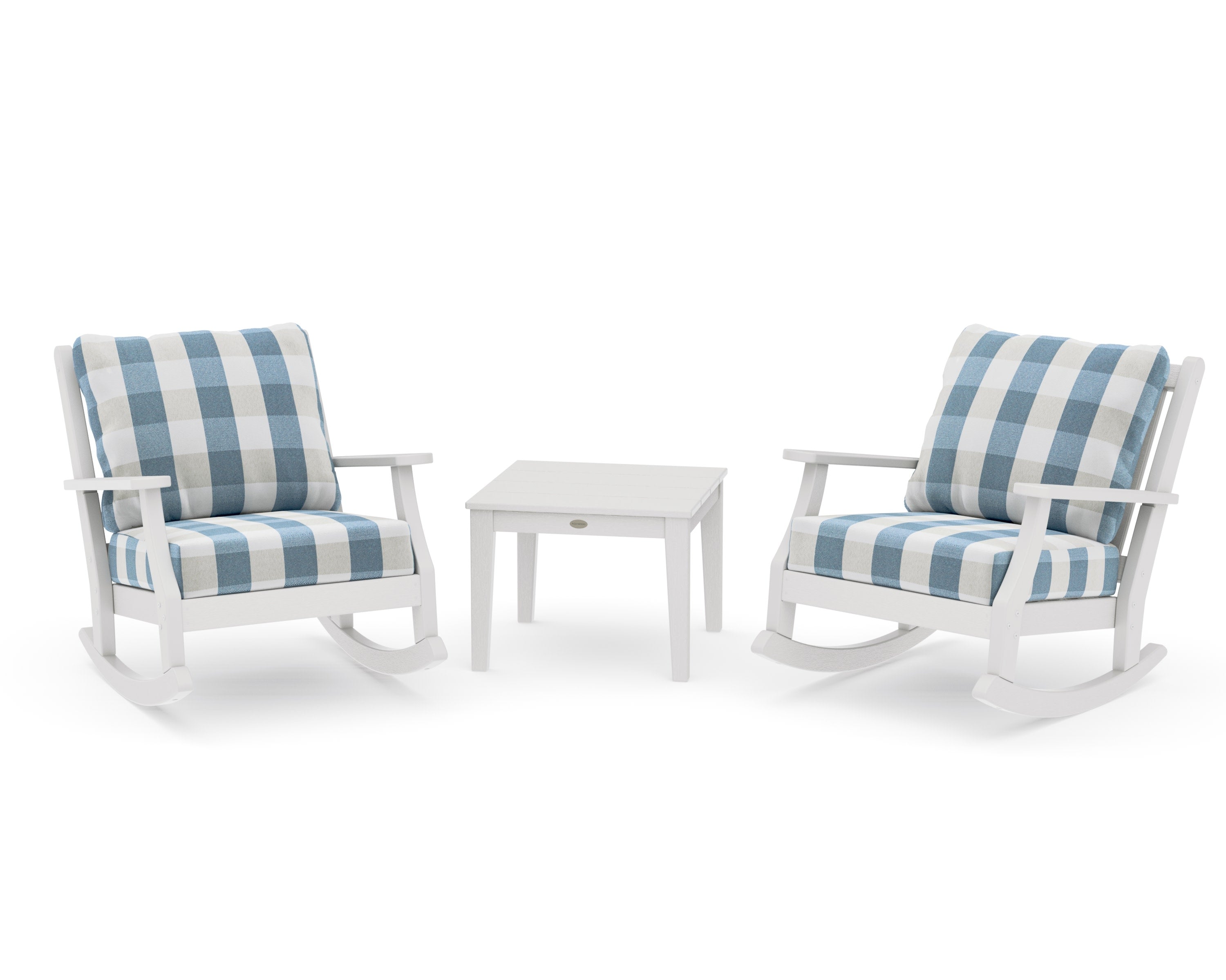 Wovendale 3-Piece Deep Seating Rocker Set in Vintage White / Buffalo Plaid Sky Blue