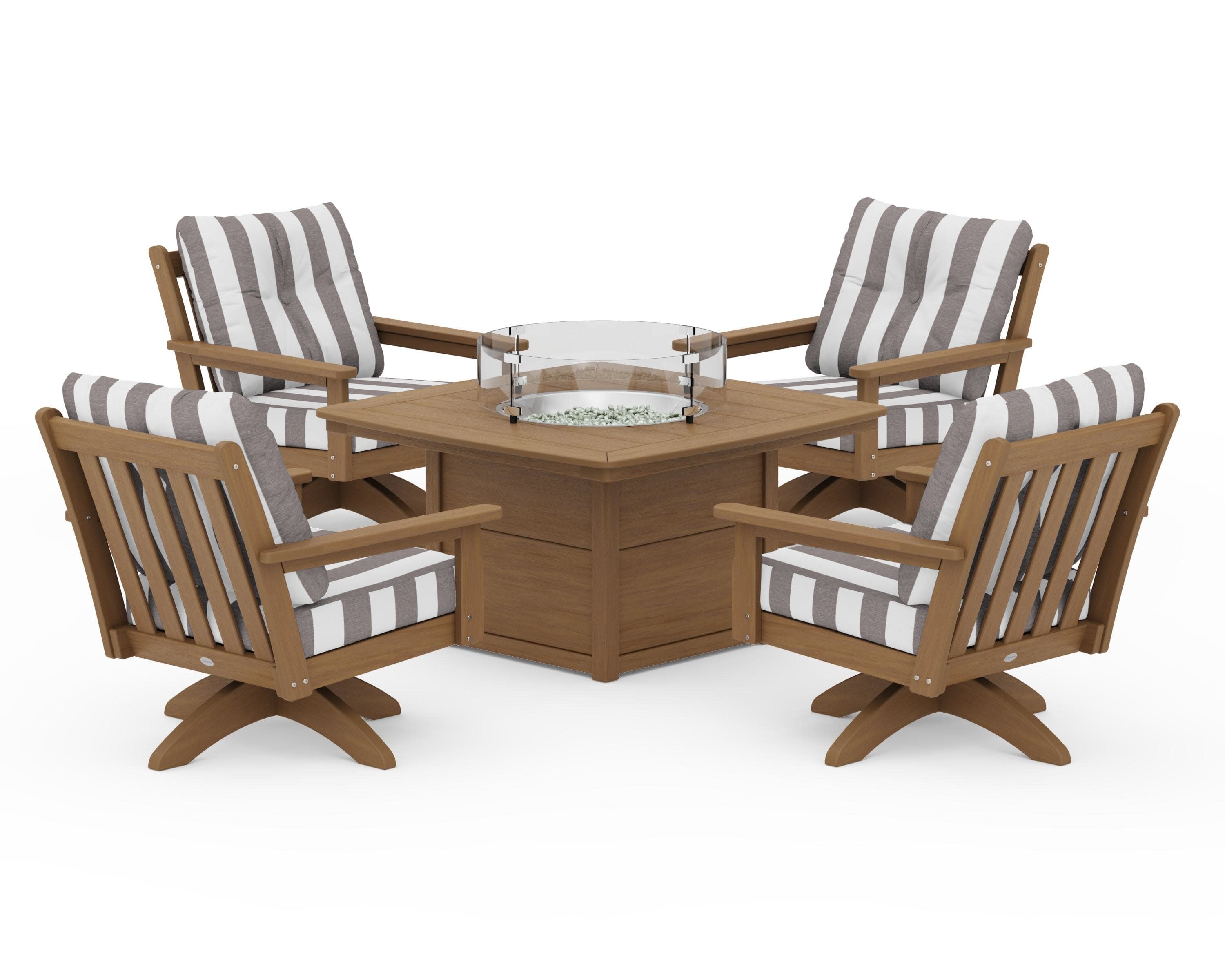Vineyard 5-Piece Deep Seating Swivel Conversation Set with Fire Pit Table in Natural / Cabana Stripe Grey Mist