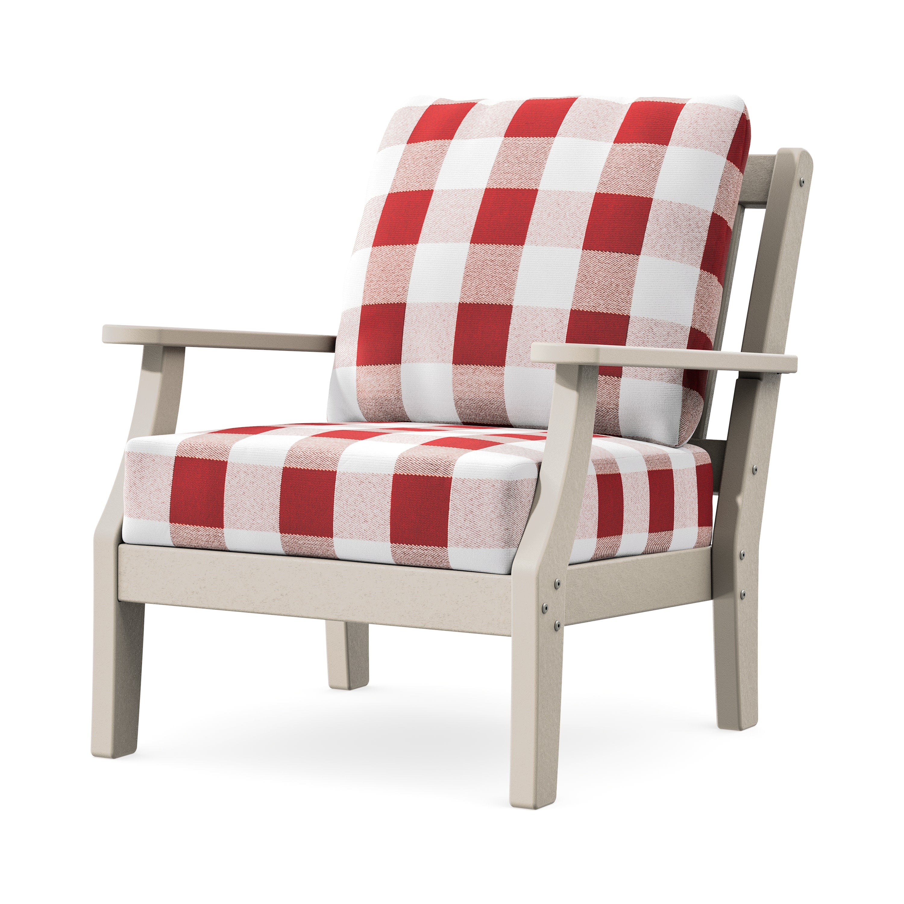 Chinoiserie Deep Seating Chair in Sand / Buffalo Plaid Crimson