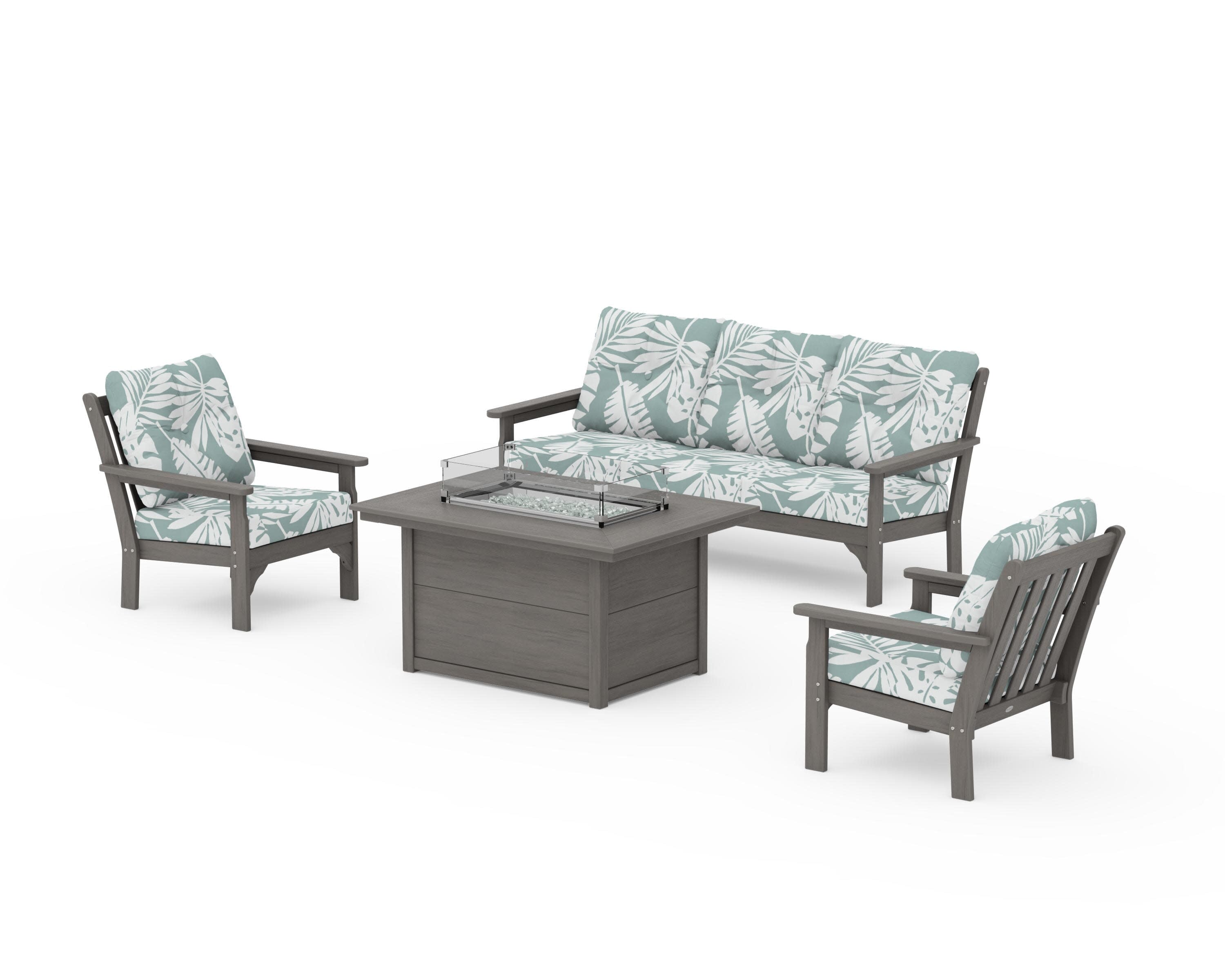 Vineyard Deep Seating Fire Pit Table Set in Driftwood / Leaf Glacier Spa