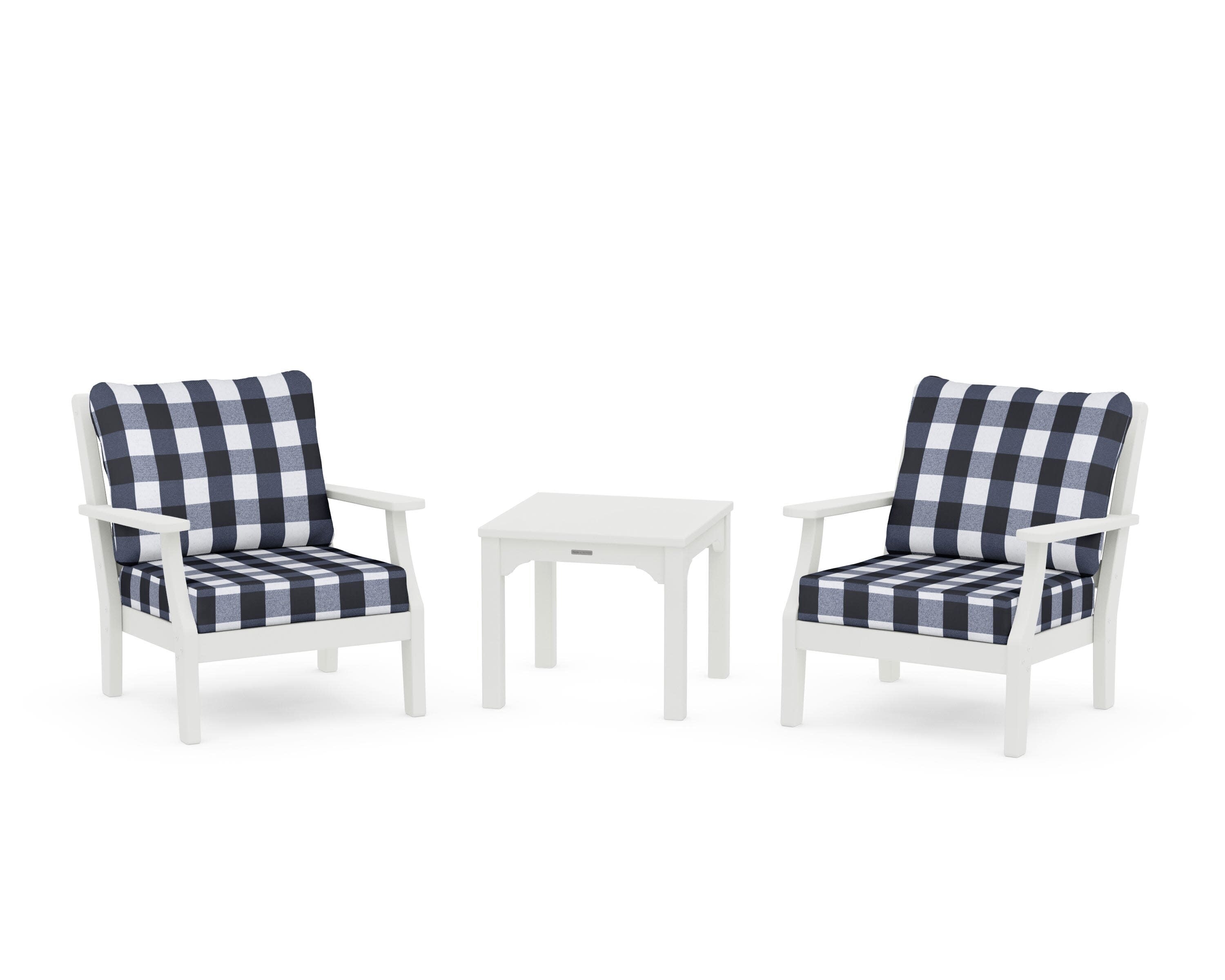 Chinoiserie 3-Piece Deep Seating Set in Vintage White / Buffalo Plaid Marine Indigo