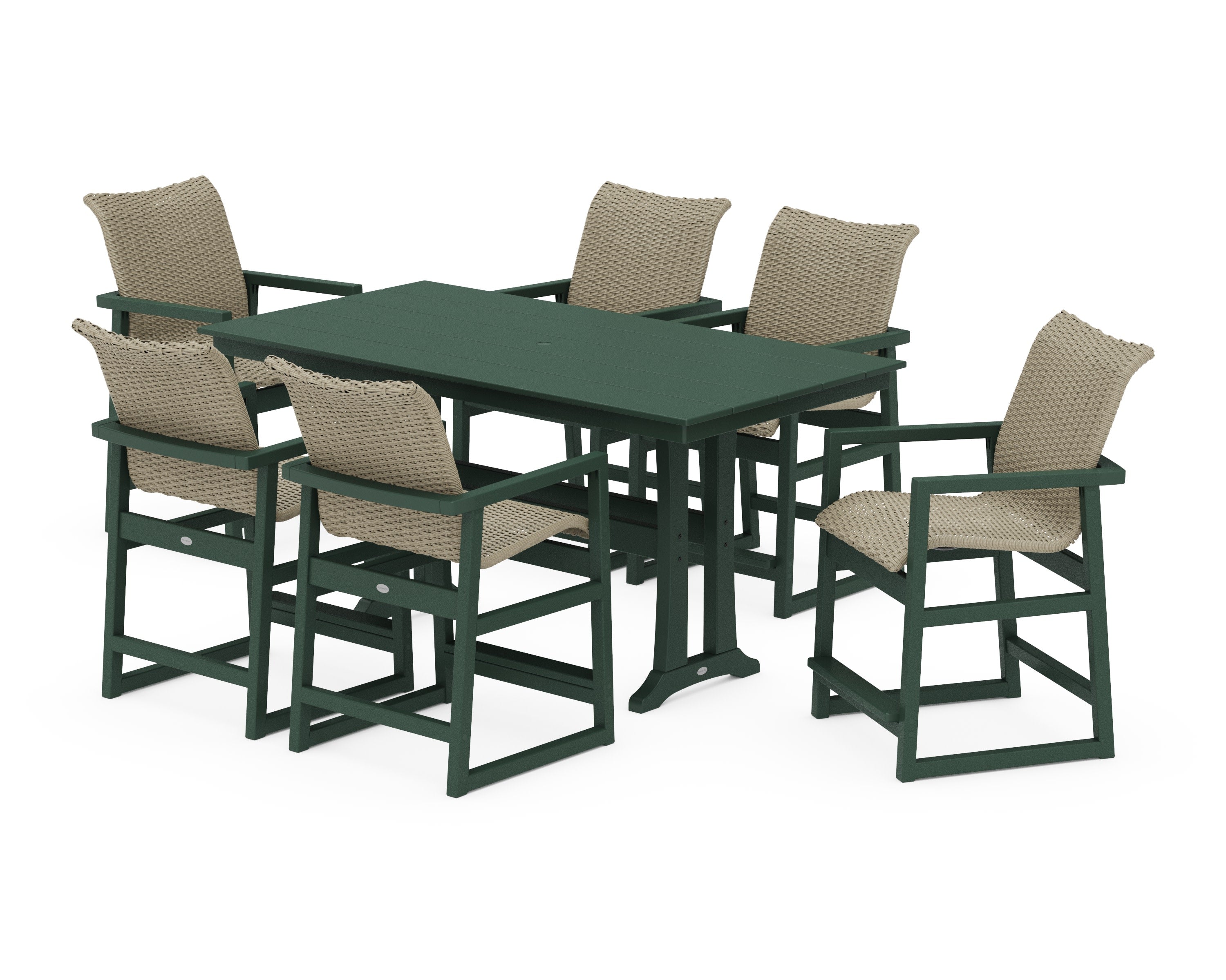 EDGE Woven Arm Chair 7-Piece Farmhouse Counter Set with Trestle Legs in Green / Dune Grass