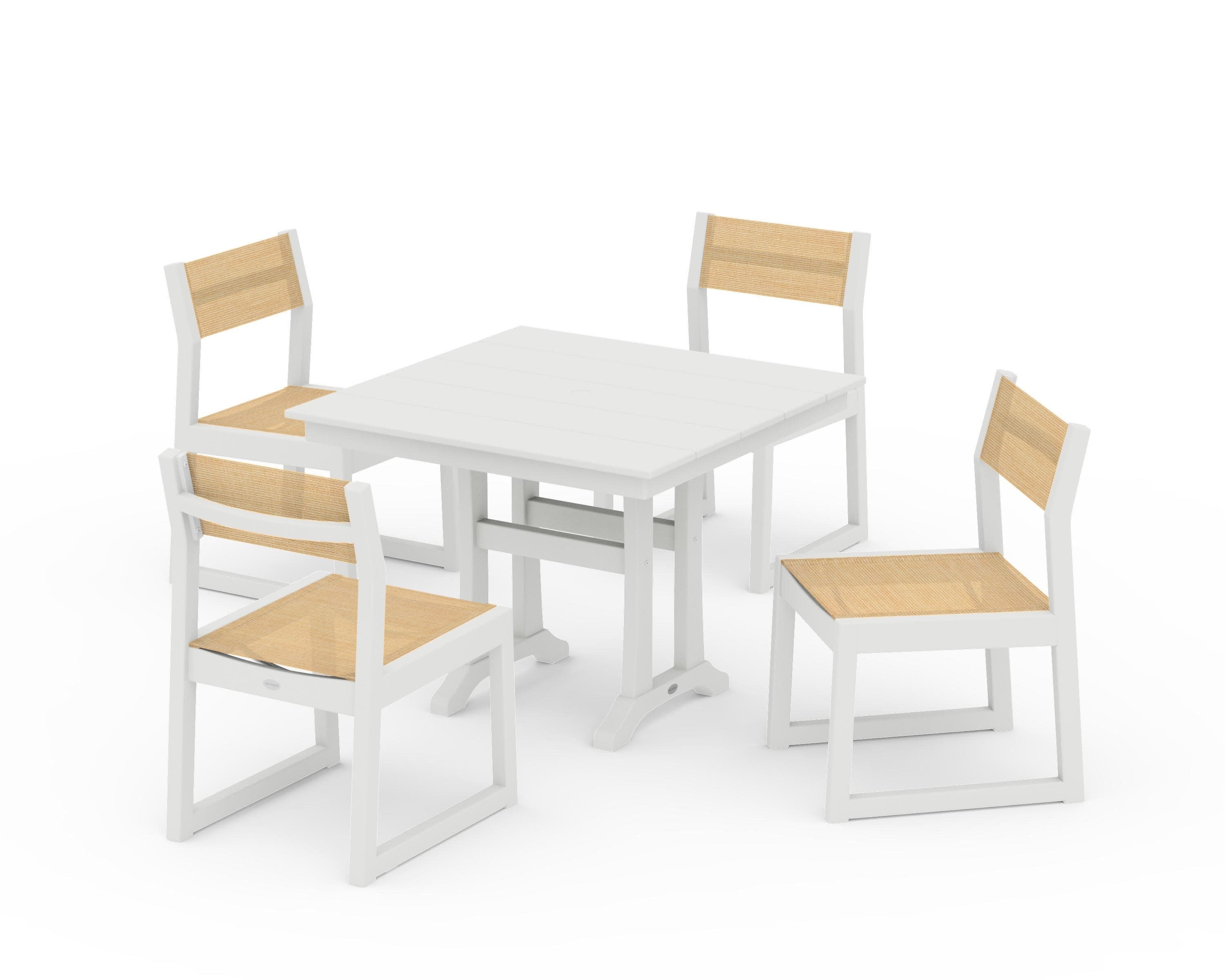 EDGE Sling 5-Piece Farmhouse Trestle Side Chair Dining Set in Vintage White / Dupioni Apricot Sling