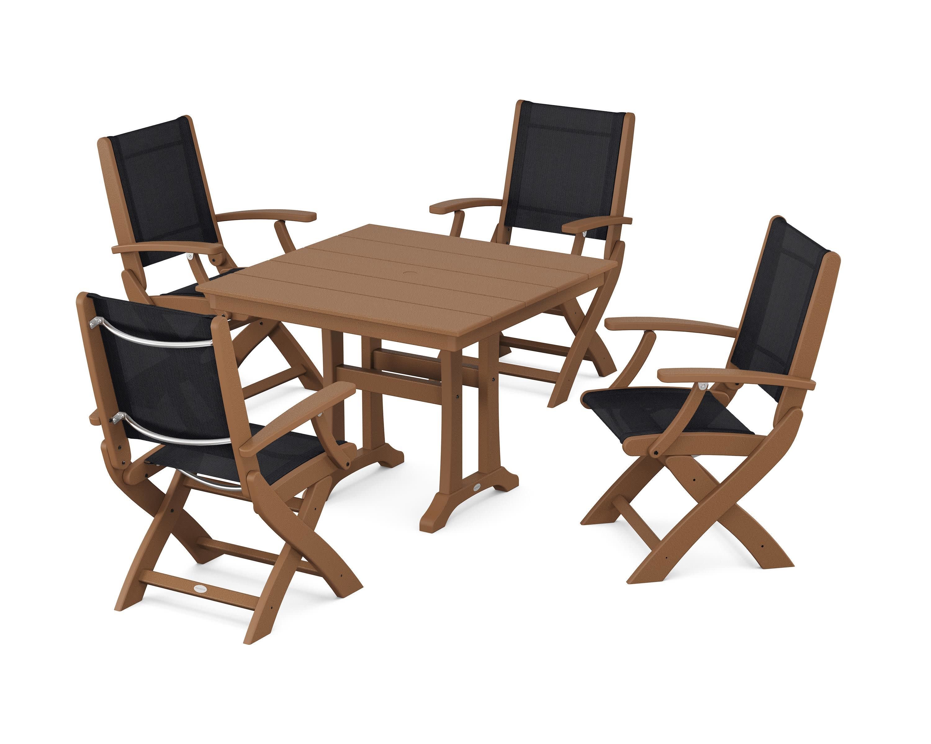 Coastal Folding Chair 5-Piece Farmhouse Dining Set With Trestle Legs in Teak / Black Sling