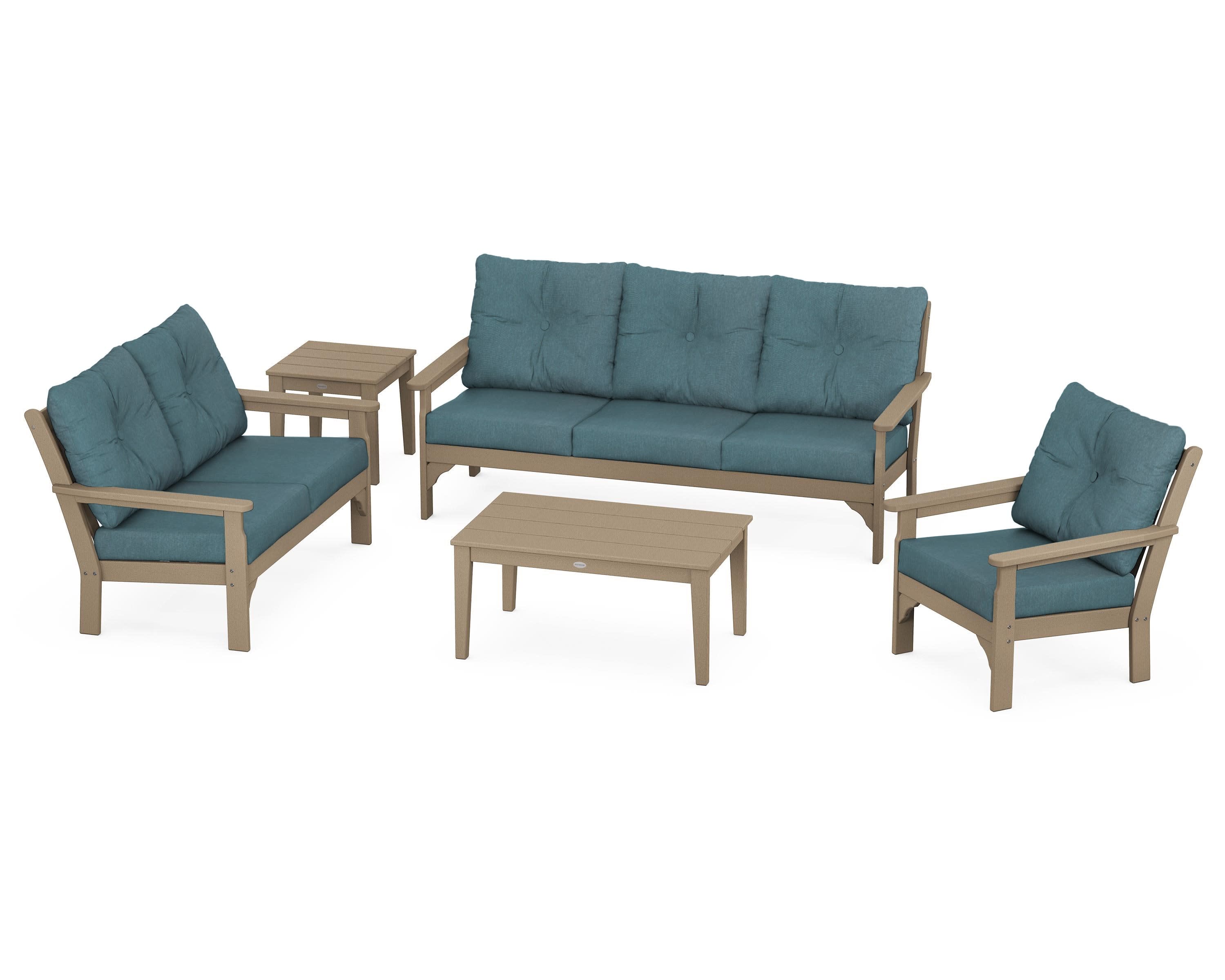 Vineyard 5 Piece Deep Seating Set in Vintage Sahara / Ocean Teal