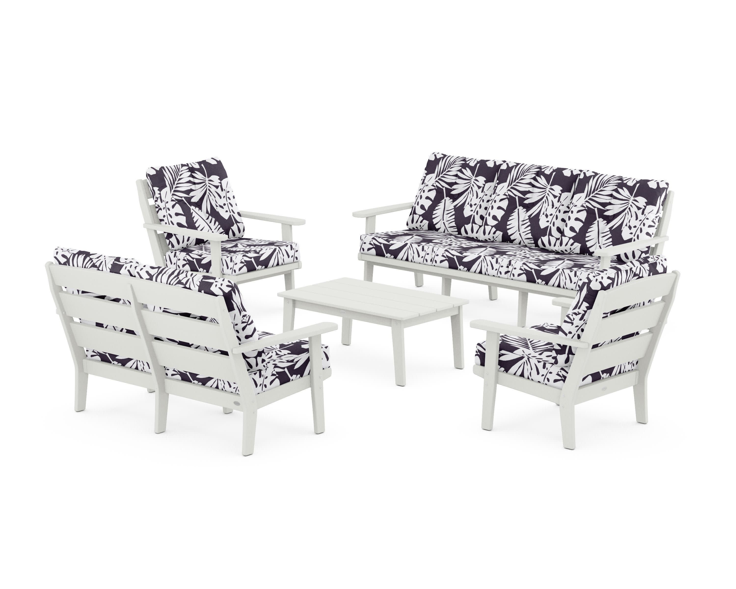 Lakeside 5-Piece Lounge Sofa Set in Vintage White / Leaf Navy